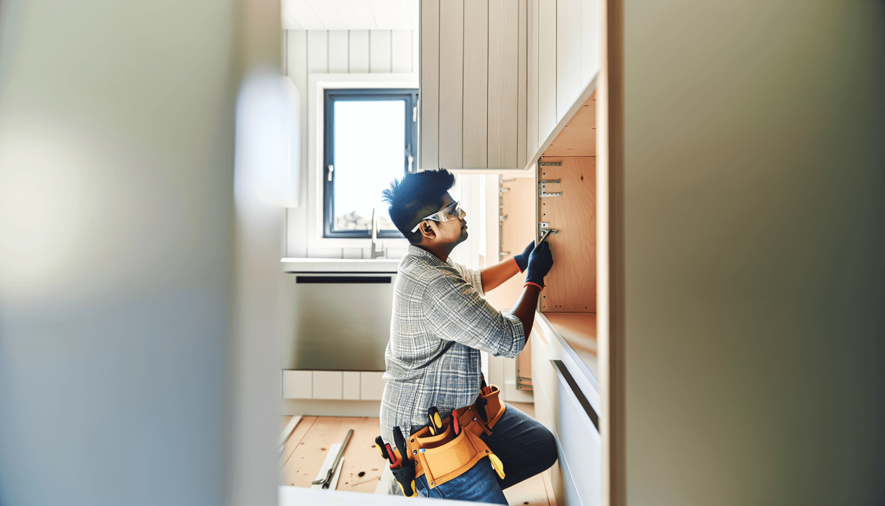 Gør-det-selv person monterer køkkenskabe med værktøj