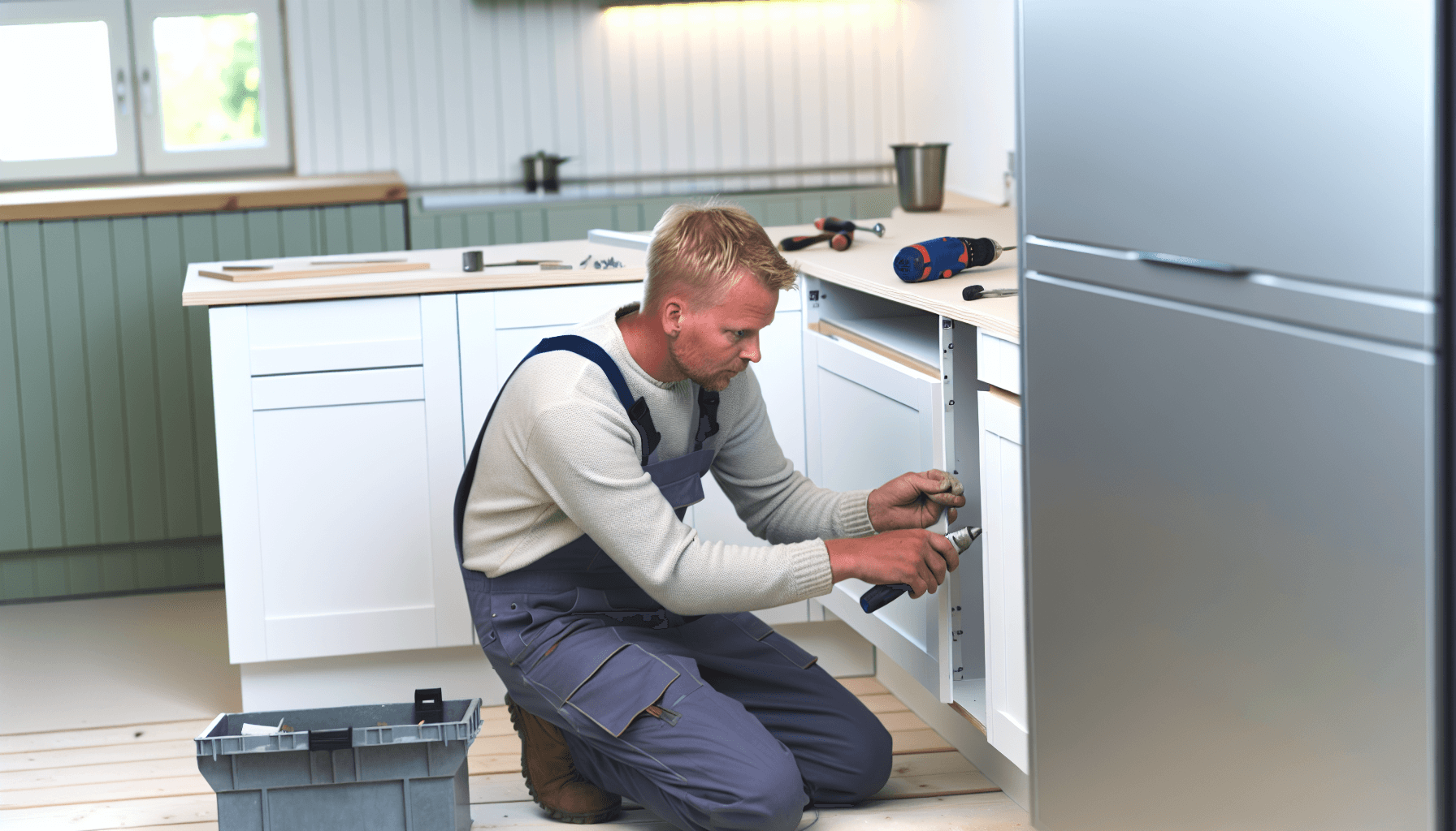 Håndværker installerer køkkenskabe