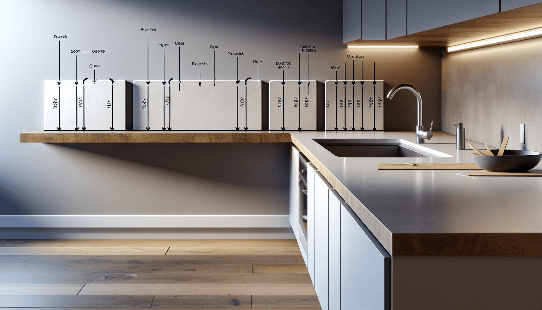 Illustration af forskellige bordpladekanter og tykkelser