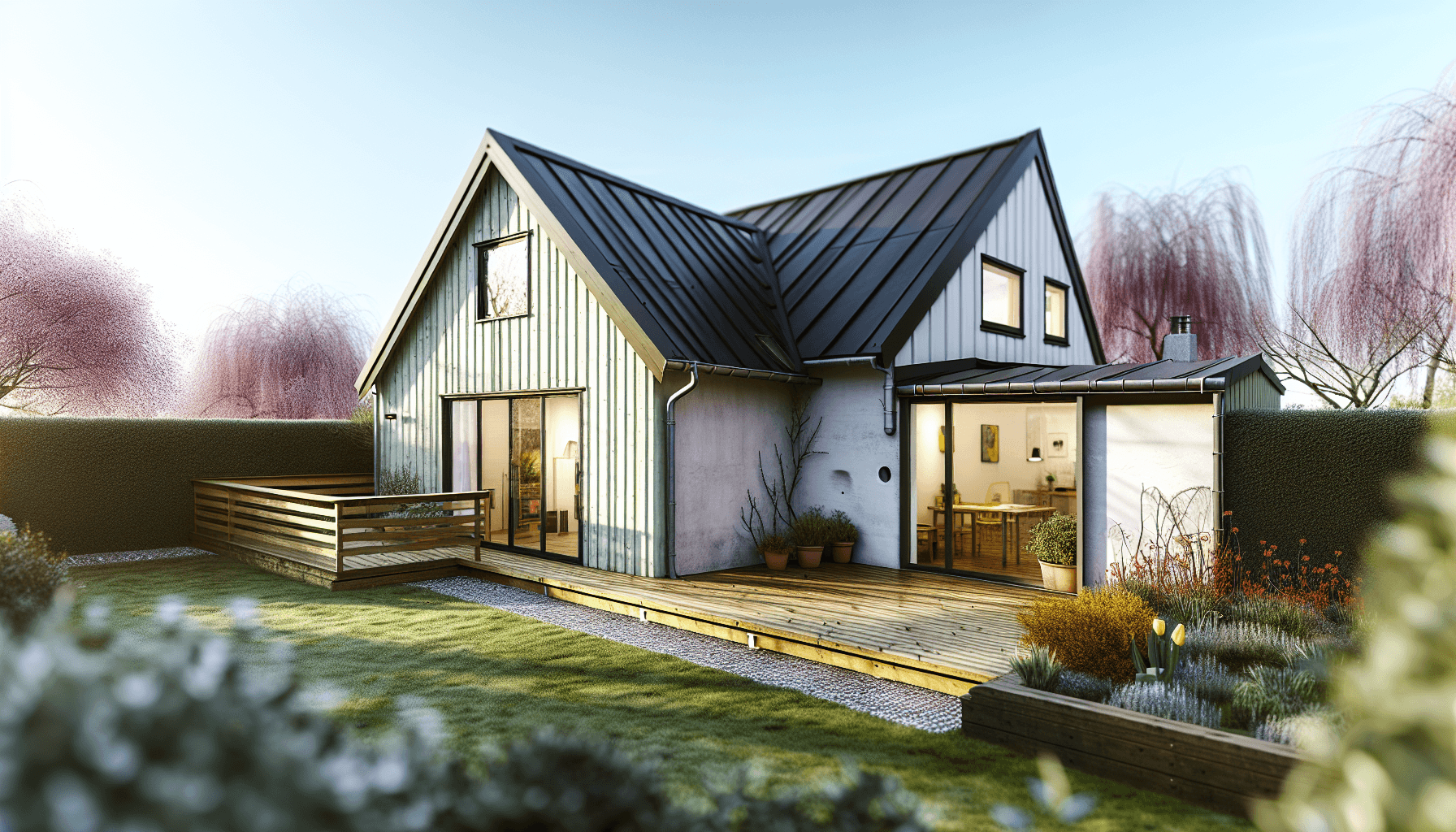 Smukt kolonihavehus med terrasse og haveanlæg