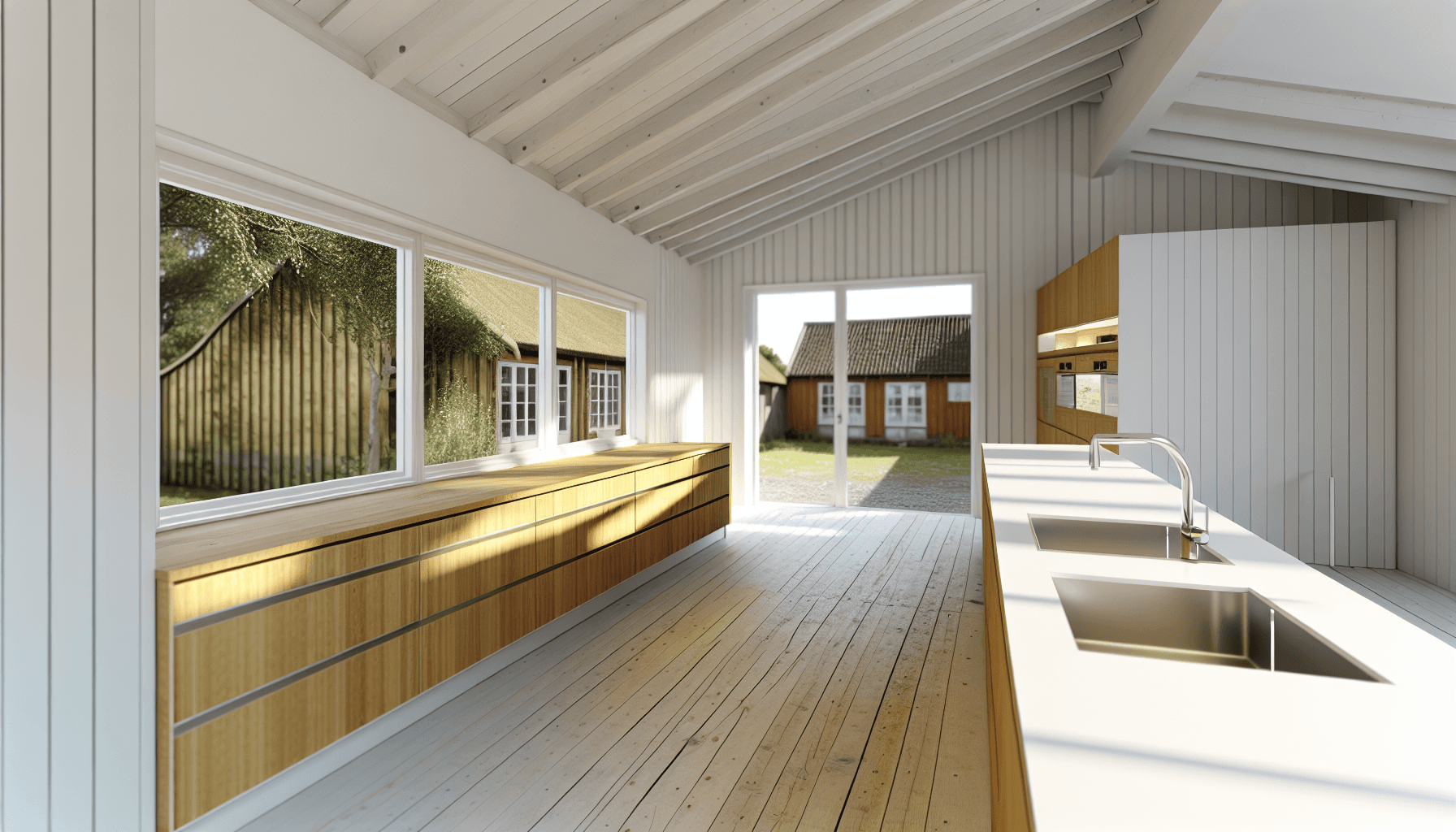 Moderne kolonihavehus køkken med træskabe