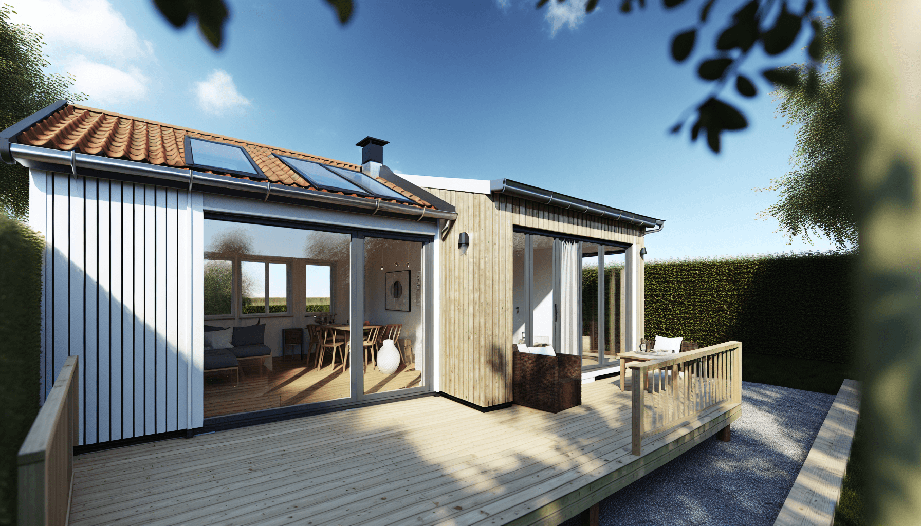 Luksus kolonihavehus med store vinduer og terrasse