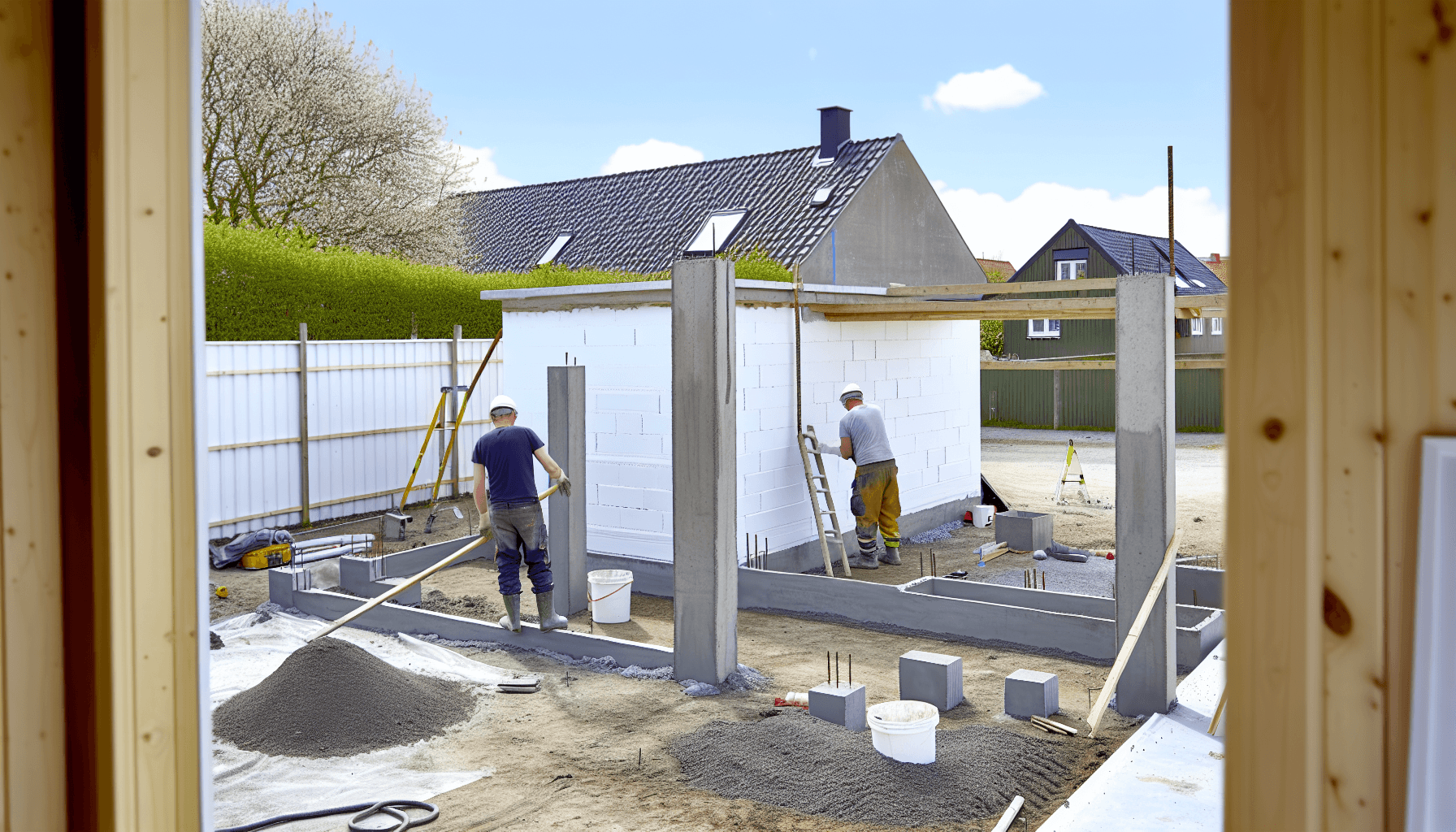 Håndværkere installerer kolonihavehus fundament