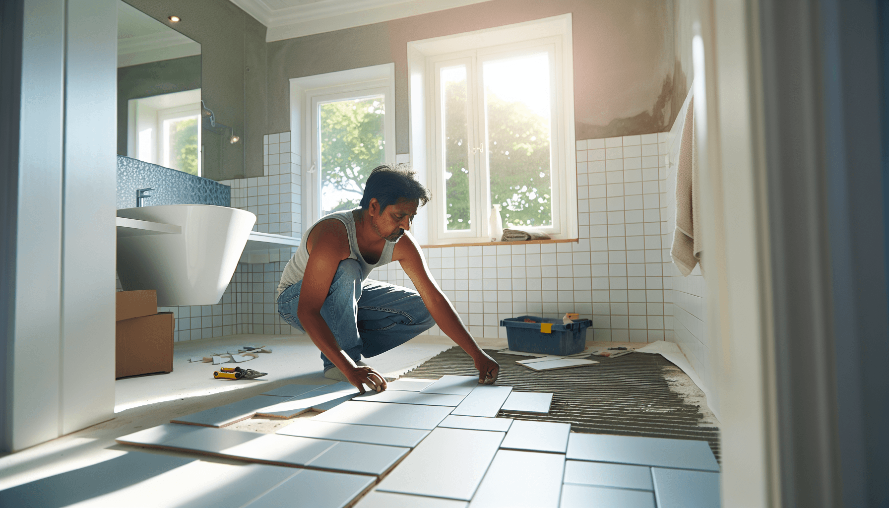 Fliselegger arbejder med keramiske fliser på badeværelsesgulv
