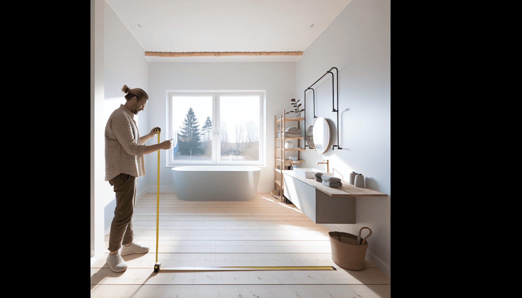 Boligejer måler badeværelse med målebånd