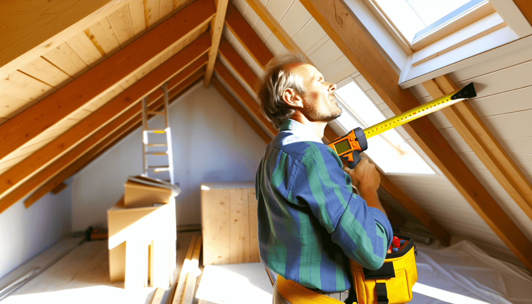 Håndværker måler loftshøjde i dansk villa