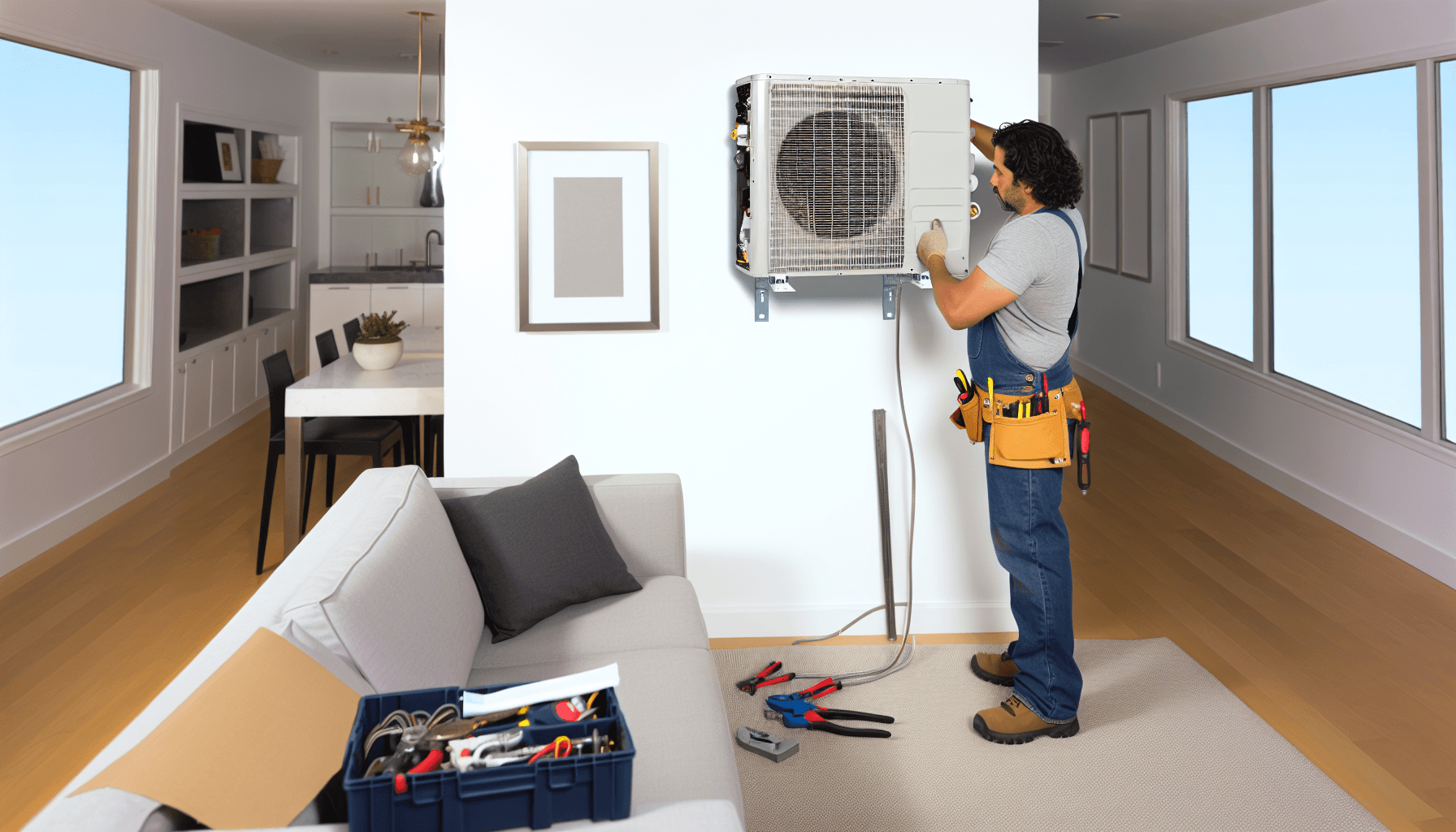 Tekniker der installerer indendørs enhed af varmepumpe