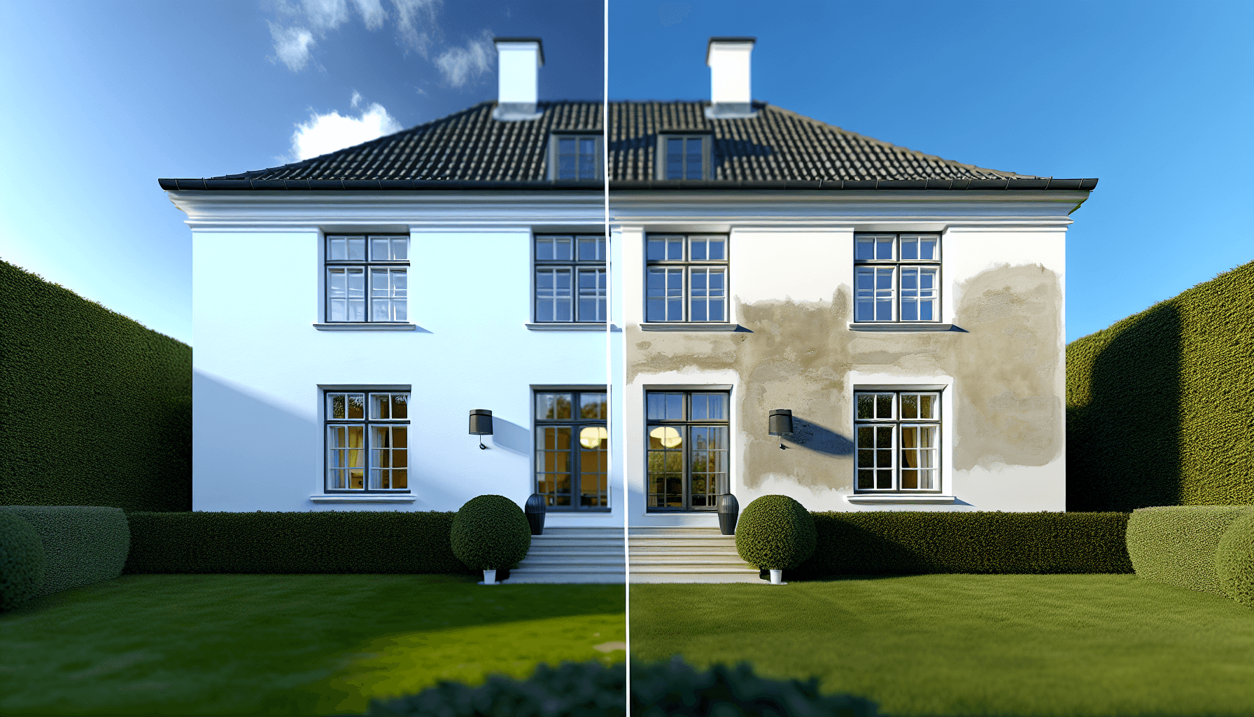 Før og efter billede af nyligt malet facade på dansk villa