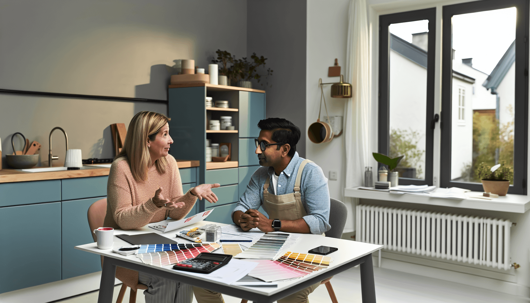 Kunde og maler diskuterer projekt med farvekort og dokumenter