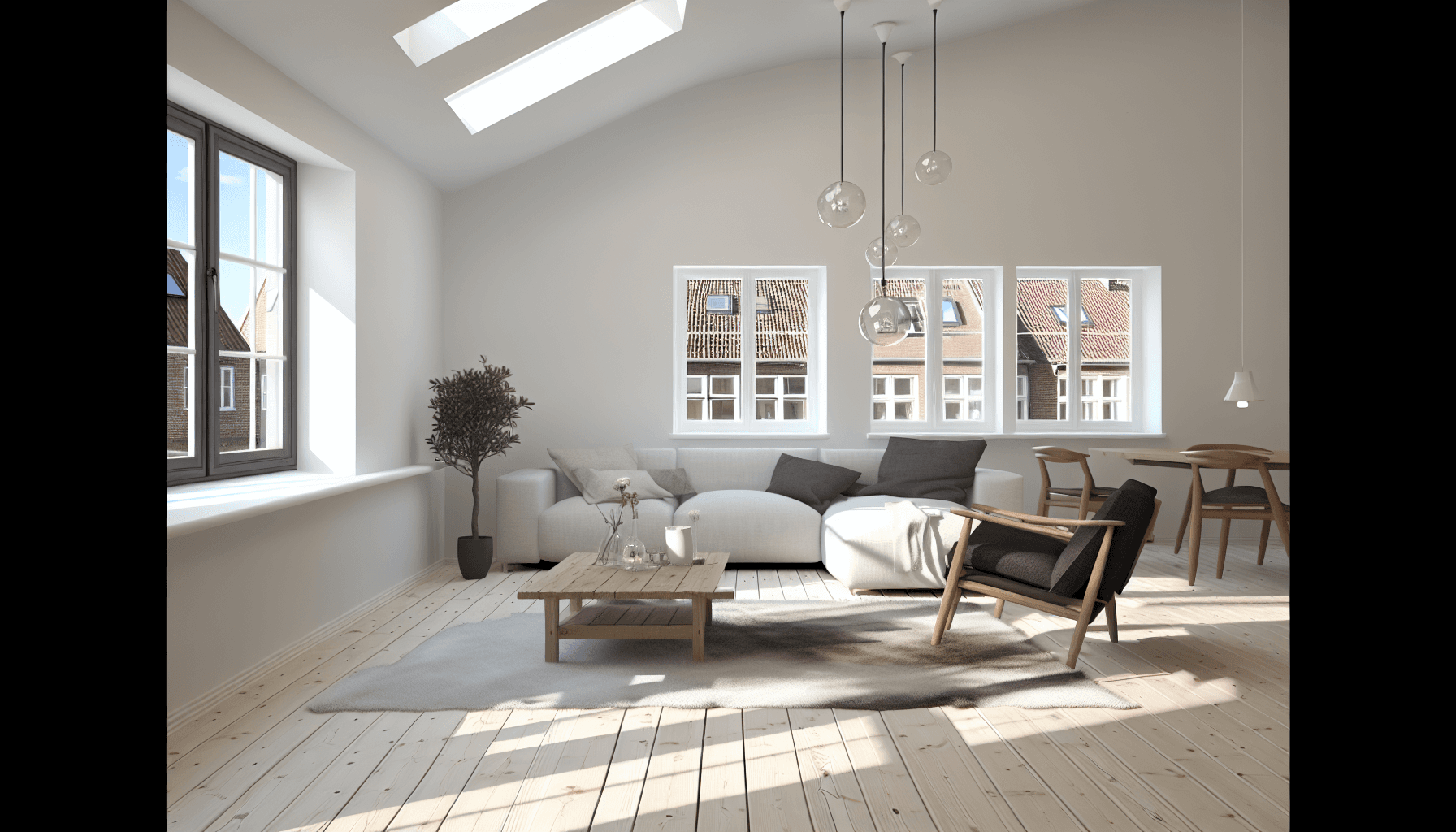 Nymalet moderne stue med friske hvide vægge og professionelt finish