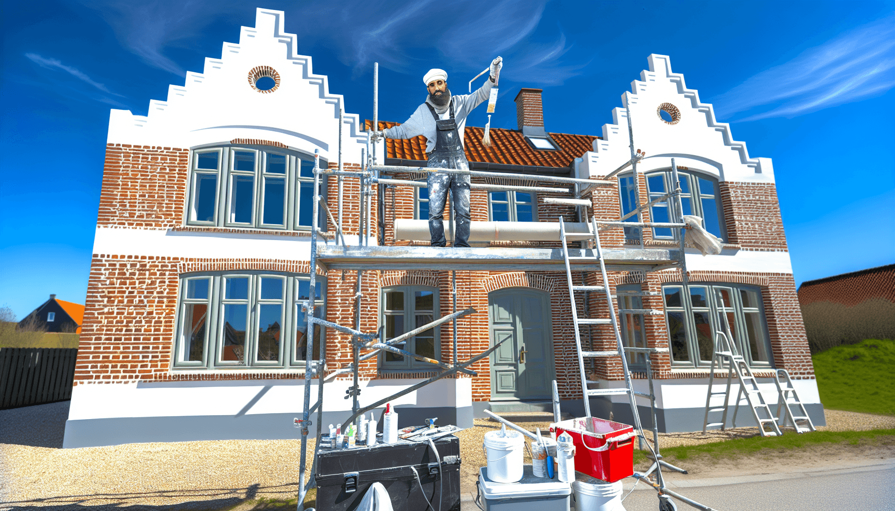 Maler arbejder på facade af dansk villa med stilladser