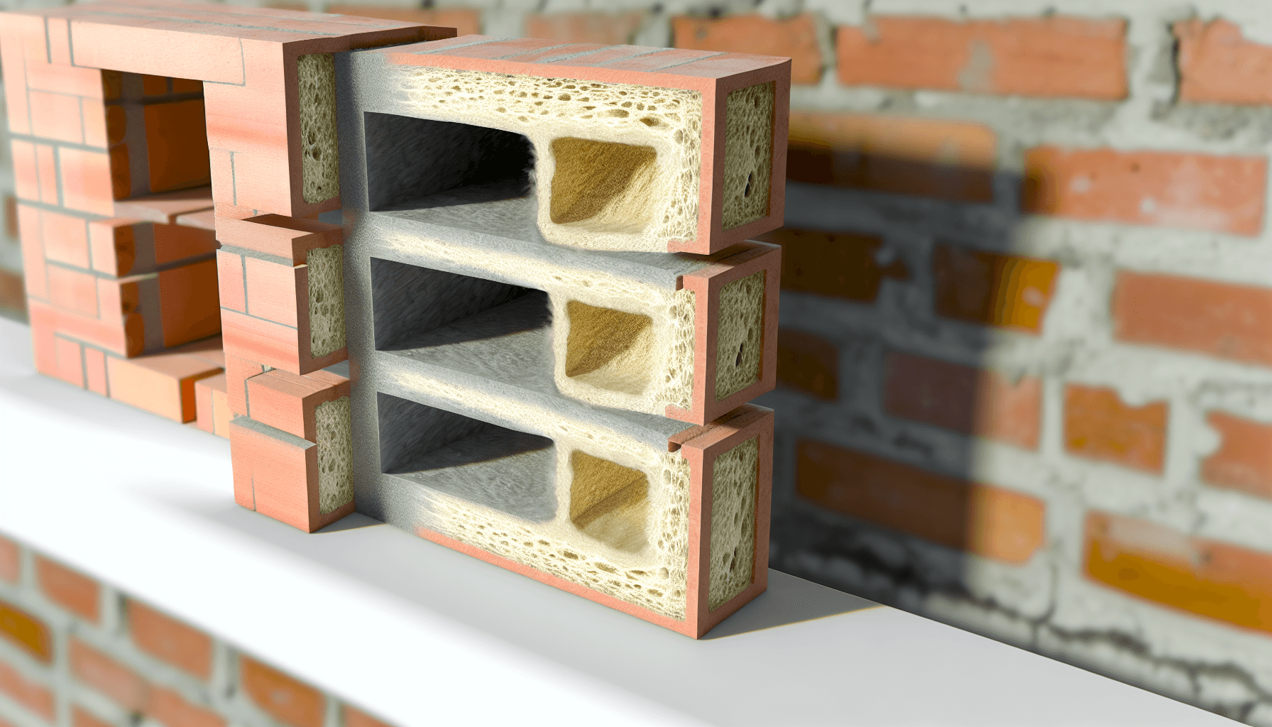Tværsnit af hulmurbier med synlige huller og isolering