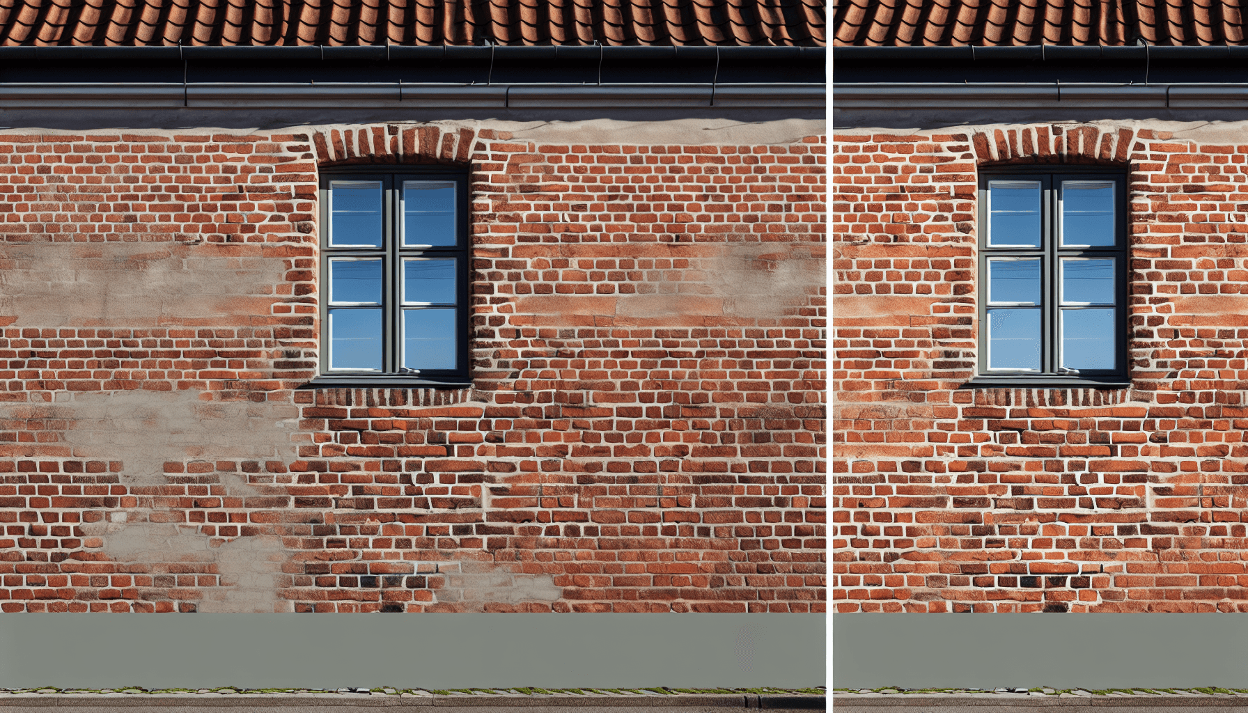 Før og efter billede af fugerenovering på murværk