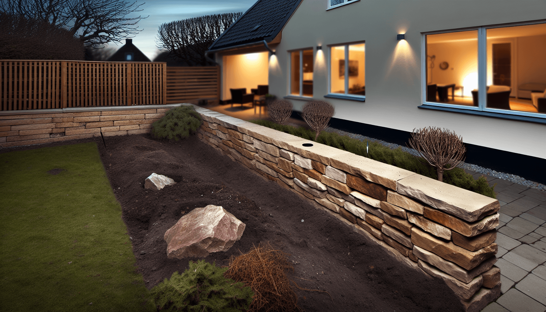 Færdig muret have støttemur