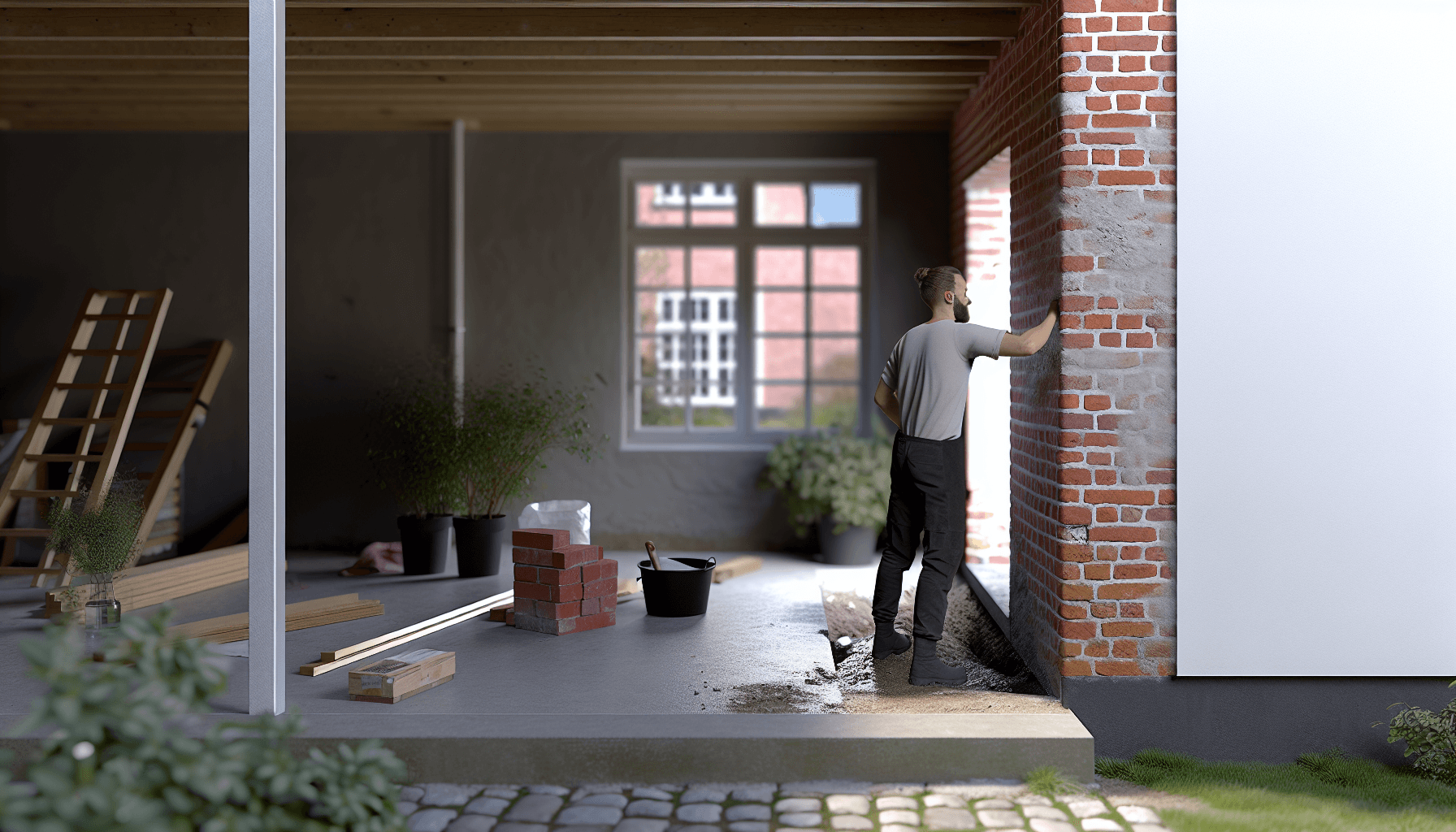 Boligejer forbereder murværk til reparation ved at rengøre området