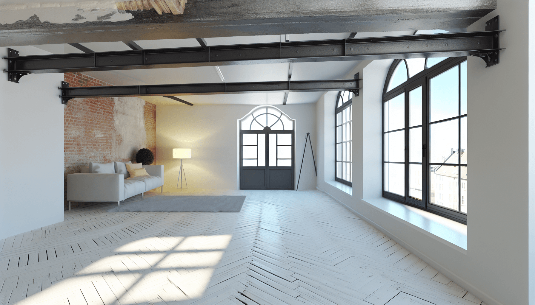 Moderne stue hvor bærende væg er fjernet med ståldrager synlig