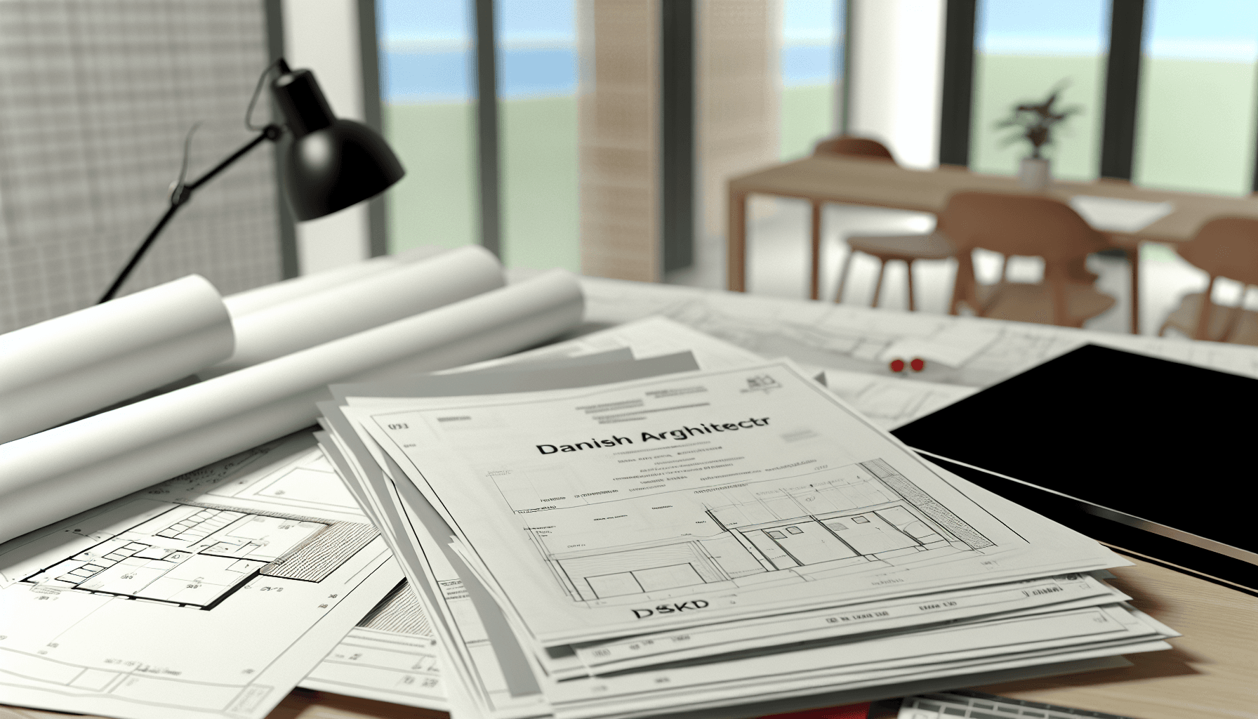 Konstruktørtegning og byggetilladelse på et skrivebord