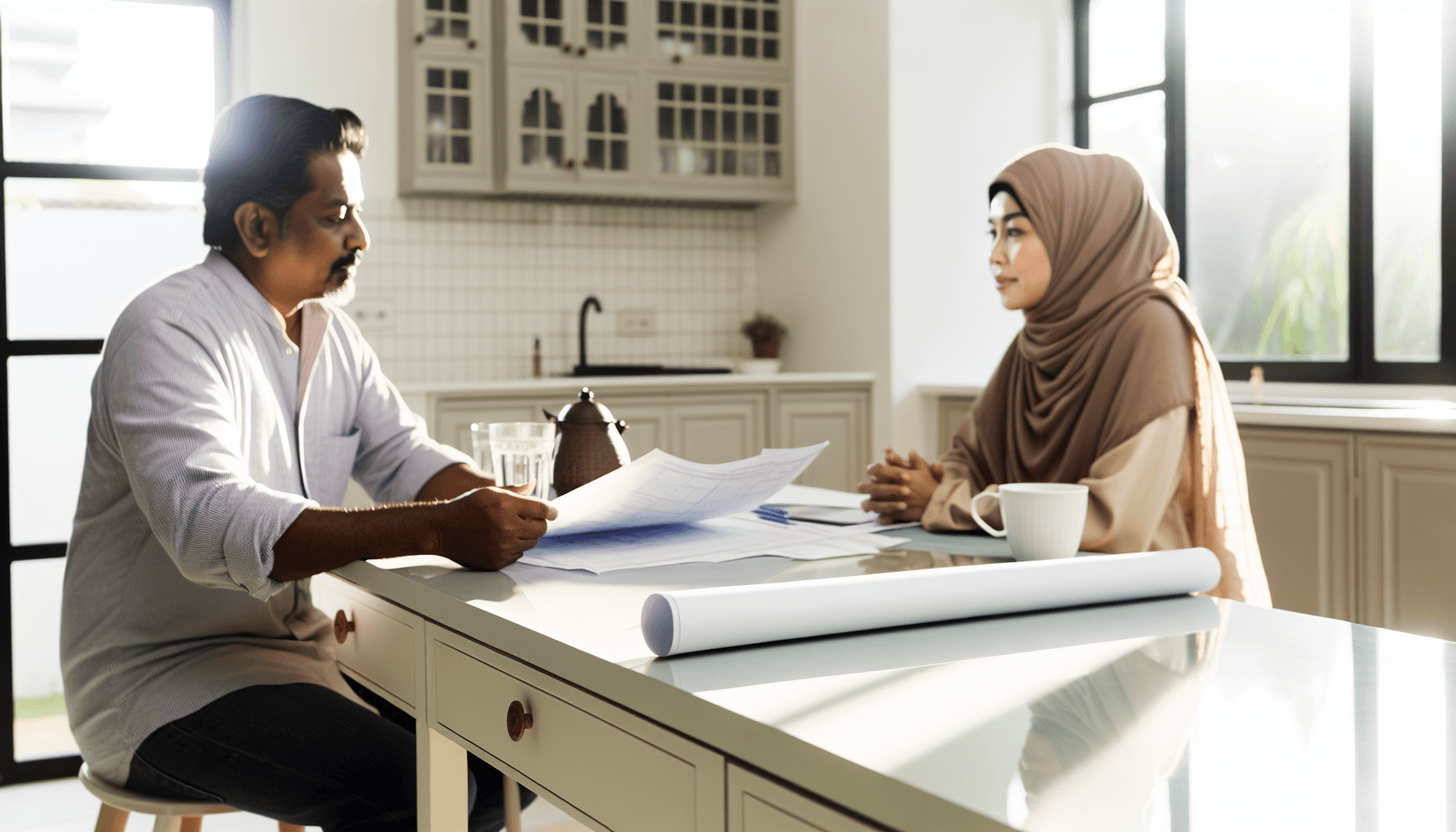 Håndværker gennemgår tilbud med boligejer ved køkkenbordet