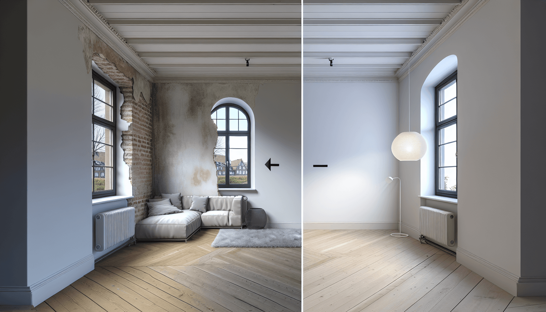 Før og efter billede af stue hvor bærende væg er fjernet