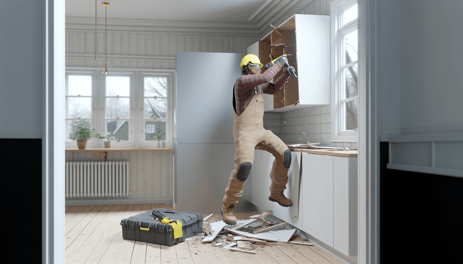 Håndværker river gammelt køkken ned