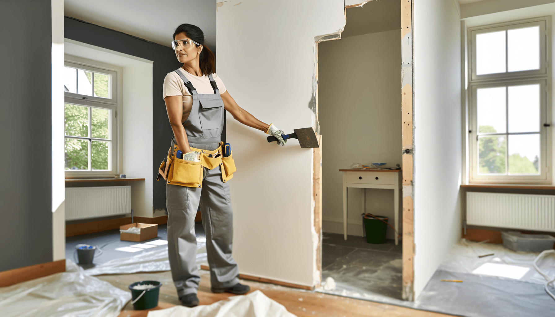 Håndværker der forbereder nedrivning af skillevæg i dansk hjem