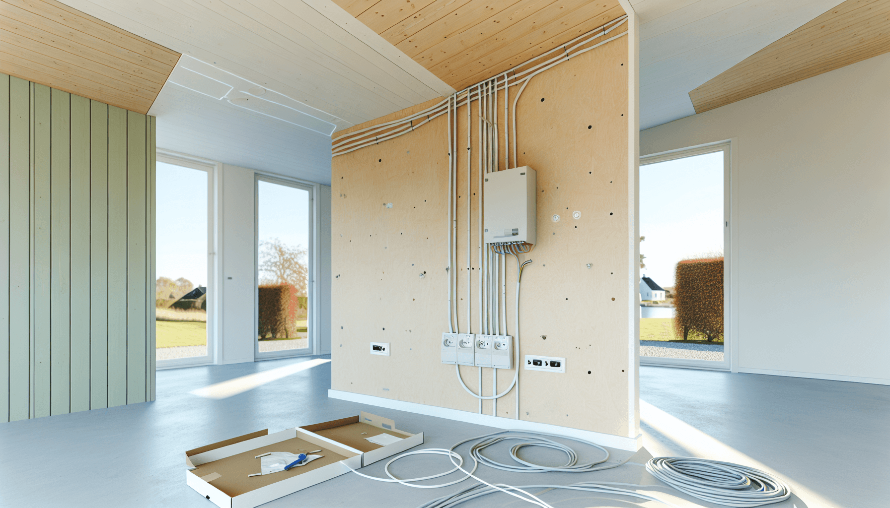 Moderne elinstallation i dansk villa med synlige kabler og fordeling
