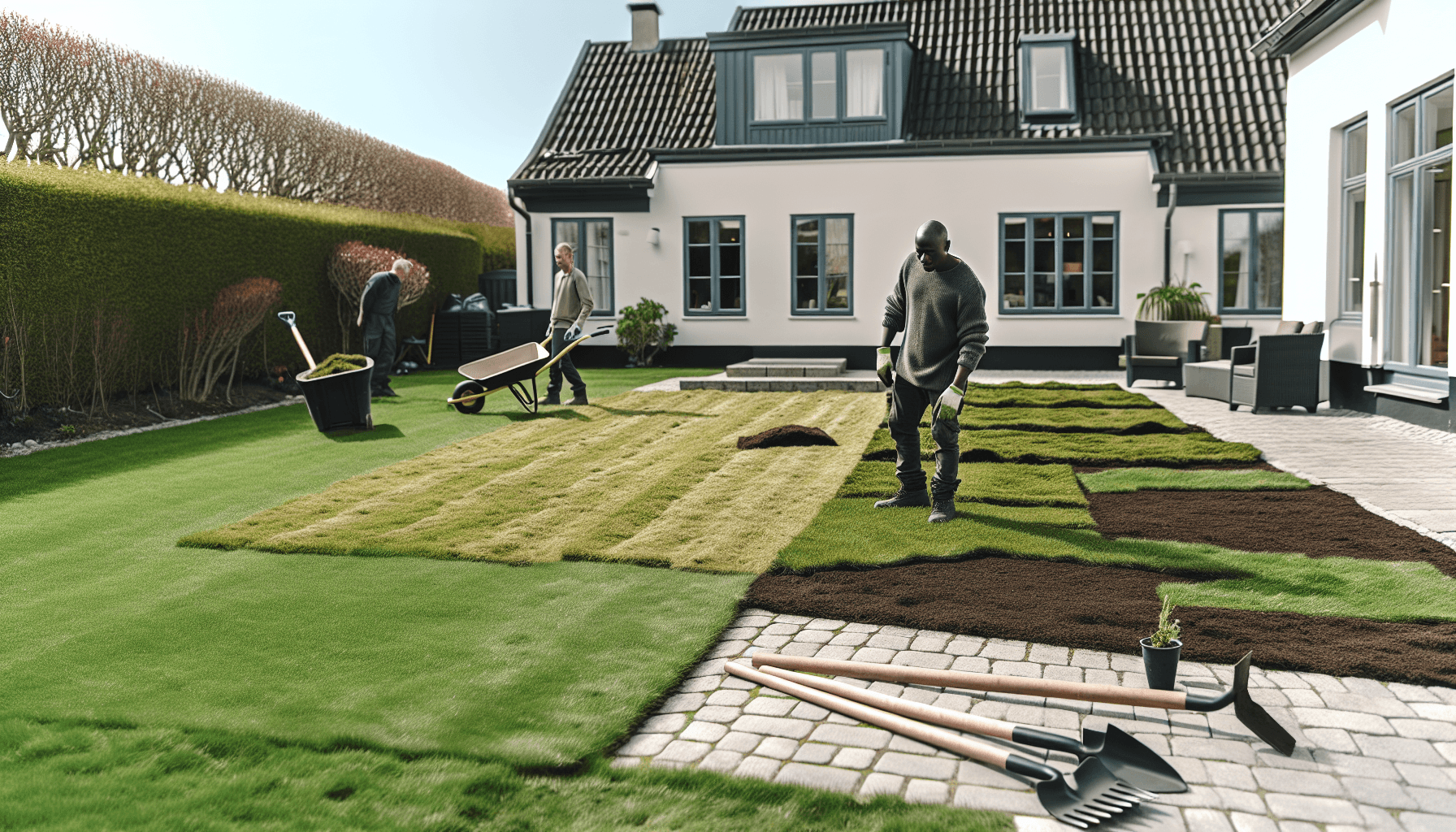 Nylagt græsplæne i dansk villa-have med gartner der arbejder