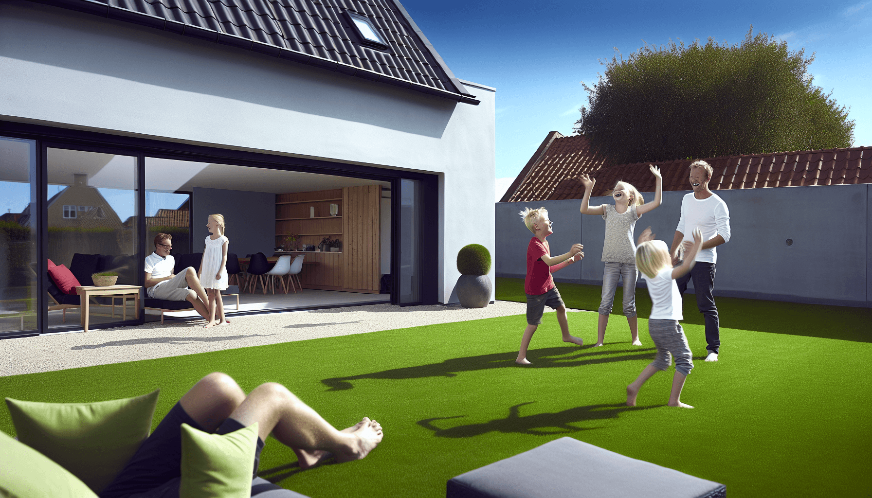 Familie nyder nylagt græsplæne i dansk have med forskellige aktiviteter