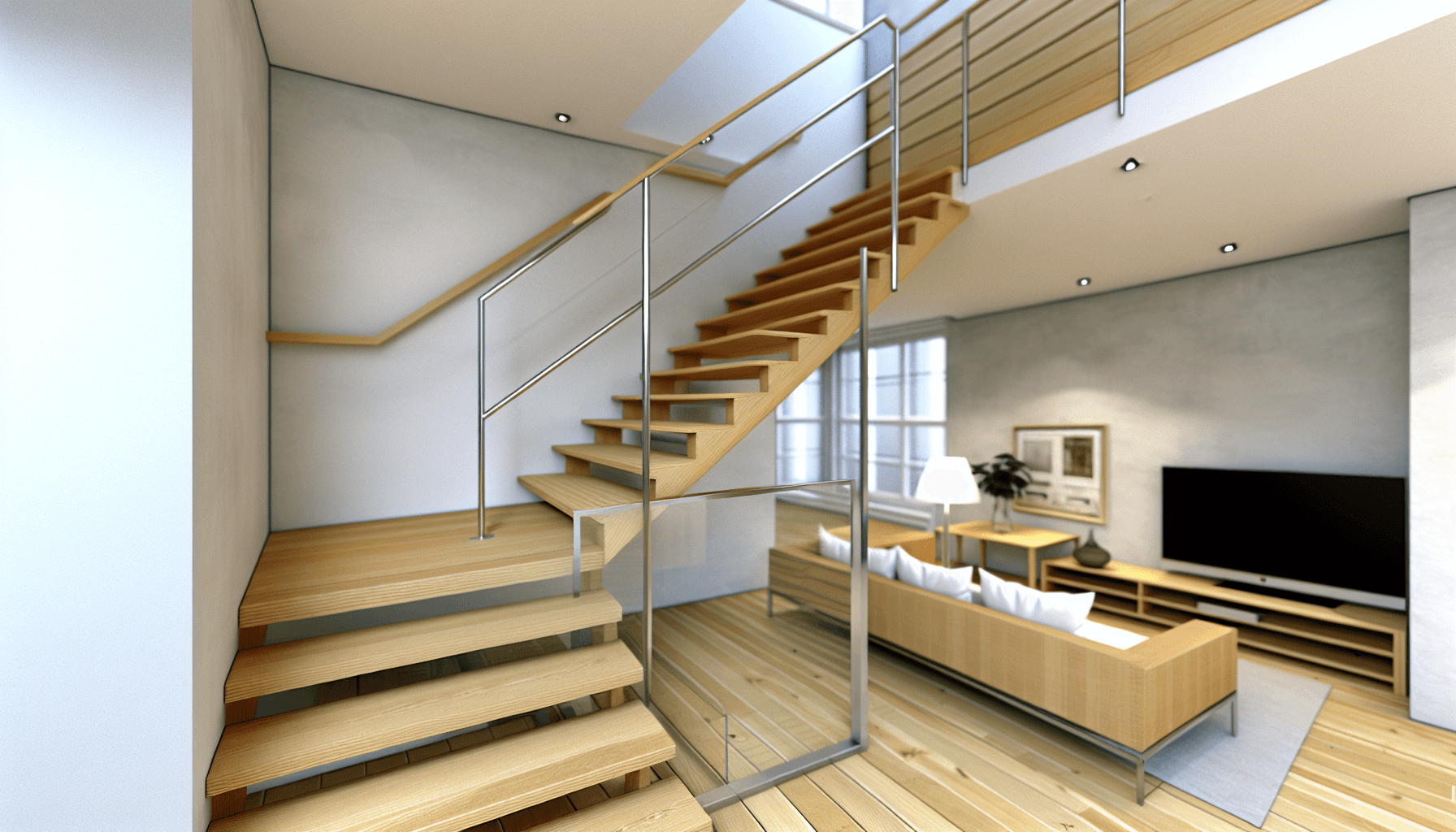 Elegant trætrappe i moderne dansk villa med gelænder