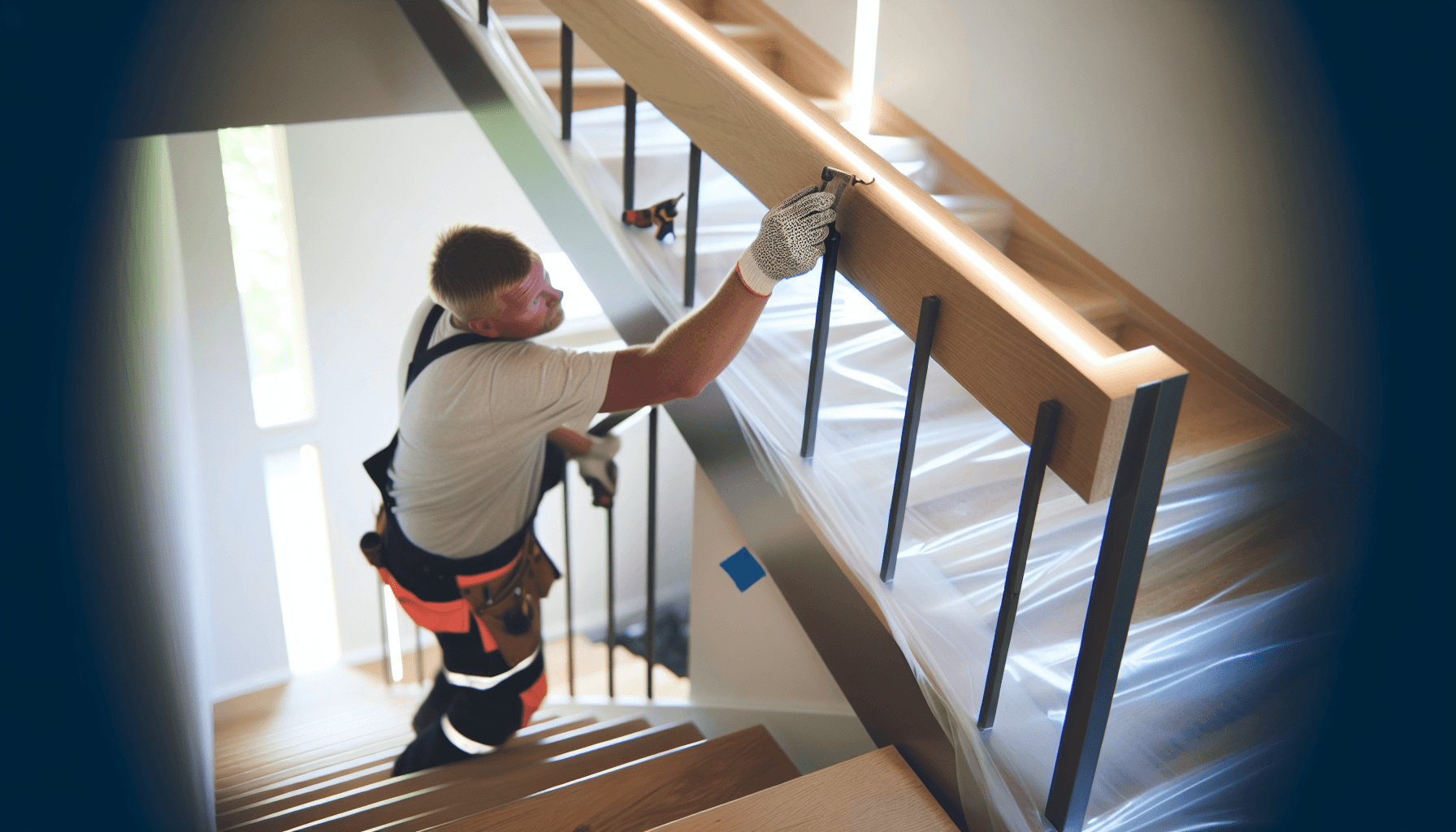 Håndværker installerer gelænder på ny trappe i overensstemmelse med danske byggergler