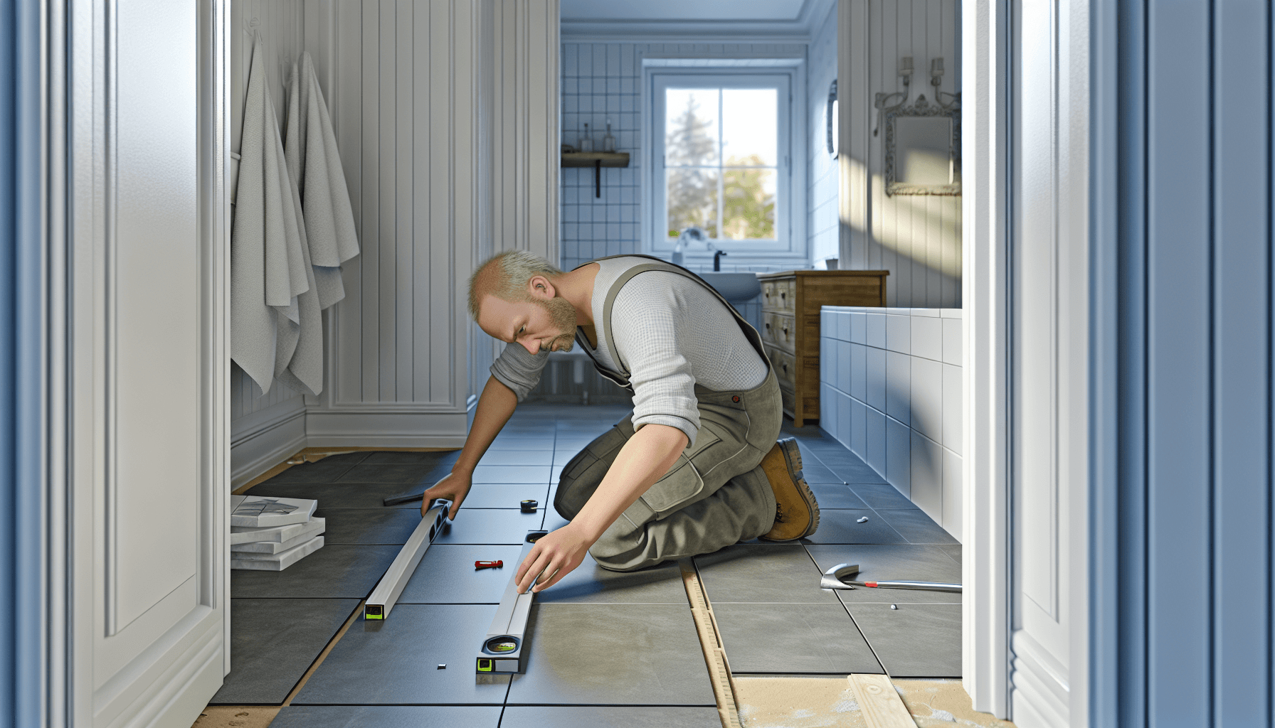 Håndværker installerer fliser på badeværelsesgulv