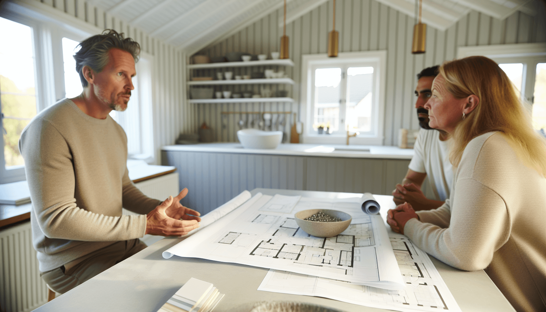 Håndværker viser badeværelsestegninger til kunde