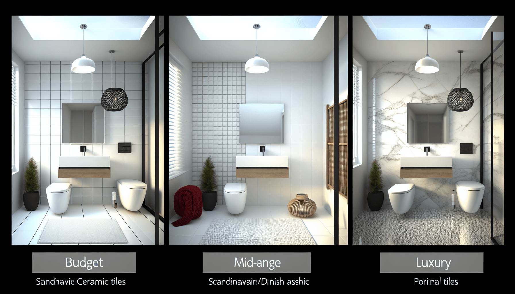 Sammenligning af tre forskellige badeværelsesstile