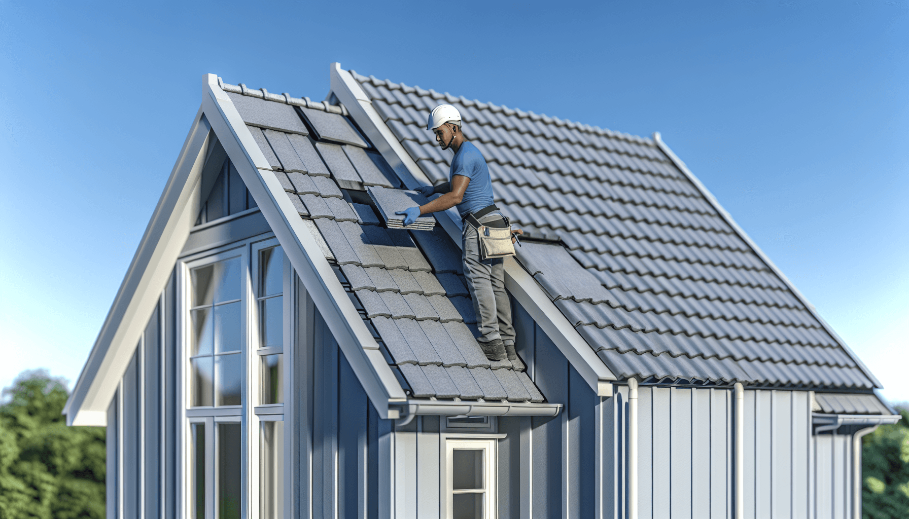 Håndværker installerer grå eternittagplader på dansk villa