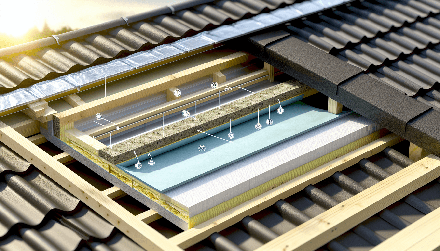 Tværsnit af tagkonstruktion med isolering og undertag