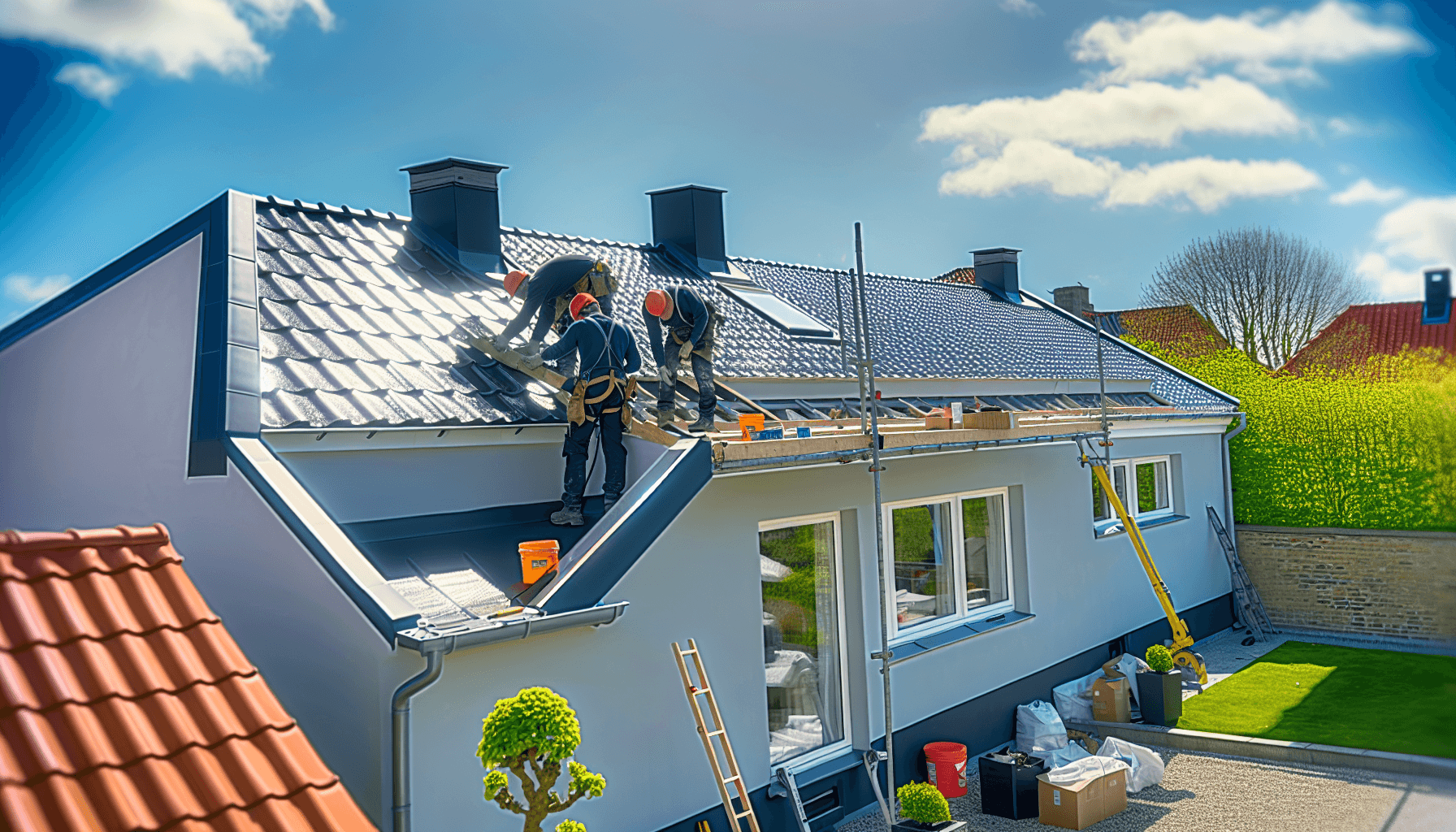 Håndværkerhold monterer eternittag på villa under klar himmel