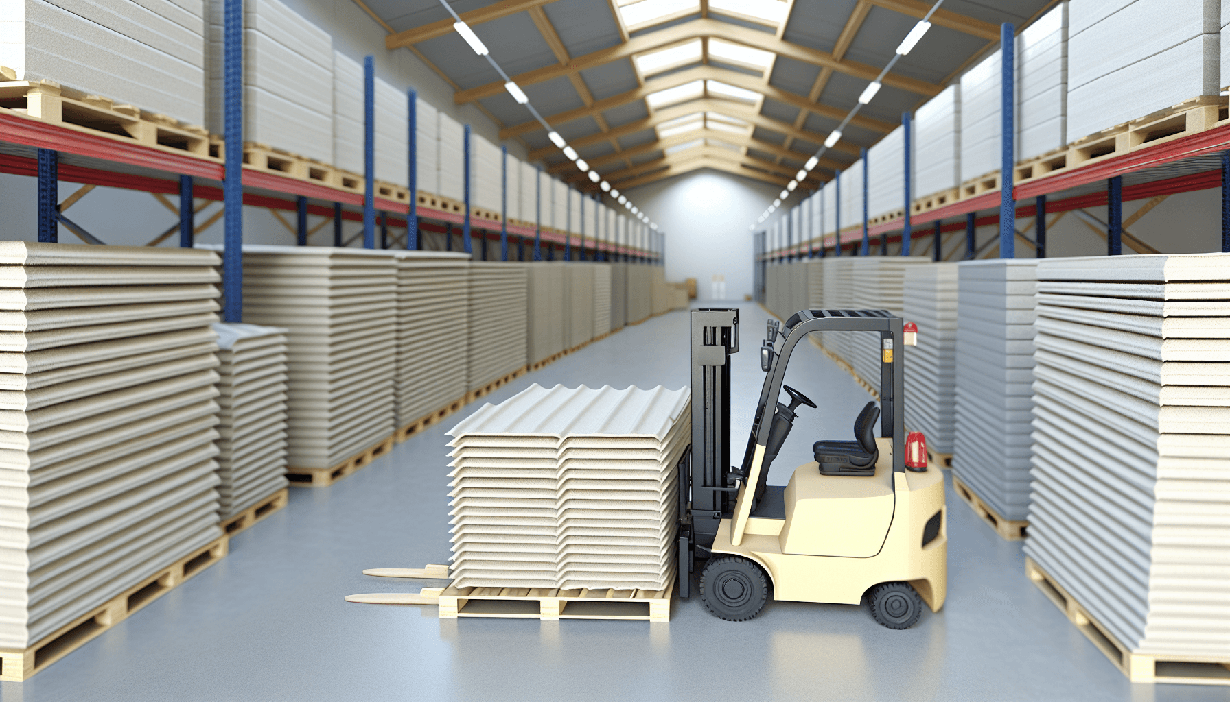 Lager med stakke af eternittagplader klar til levering