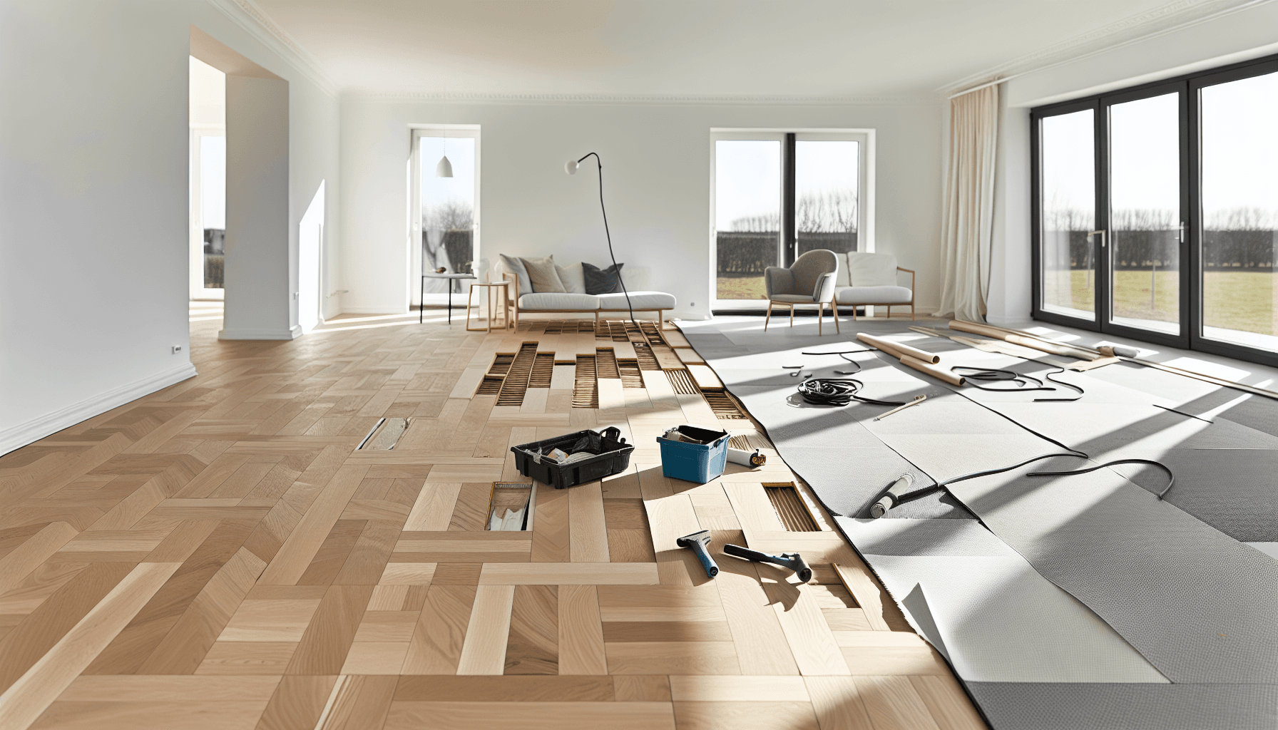 Moderne stue med nylagt parketgulv under installation