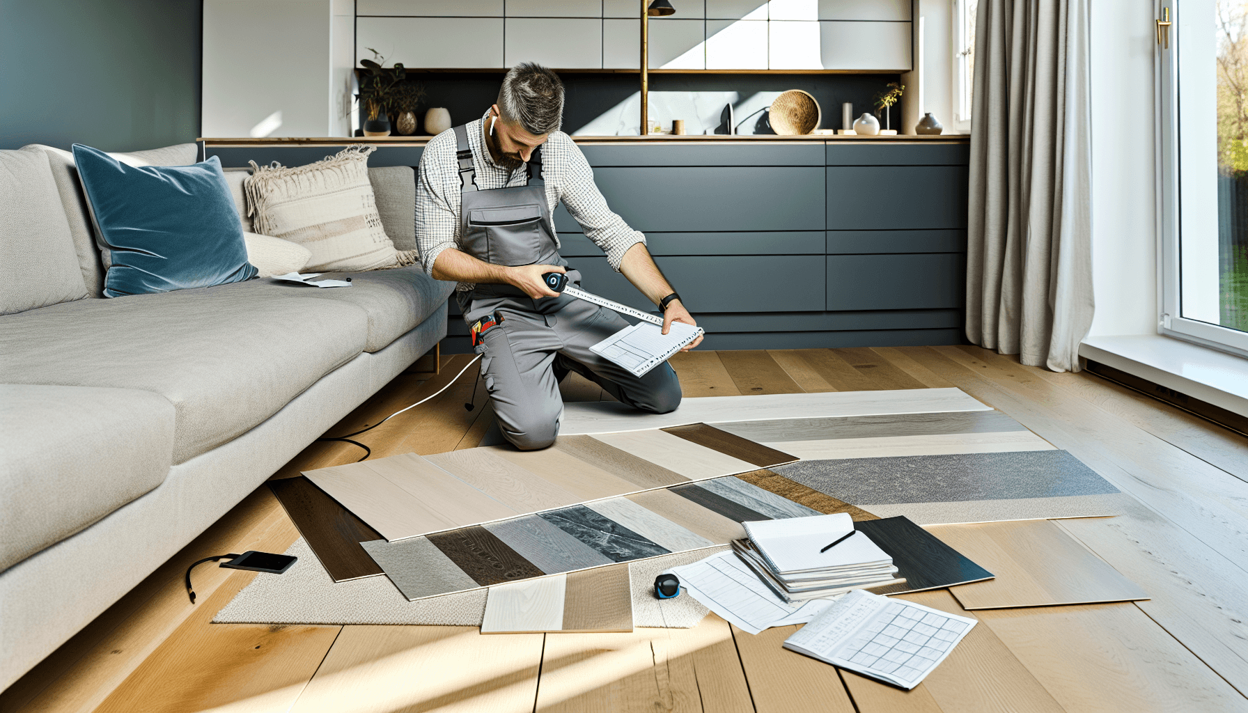 Håndværker måler og planlægger gulvinstallation