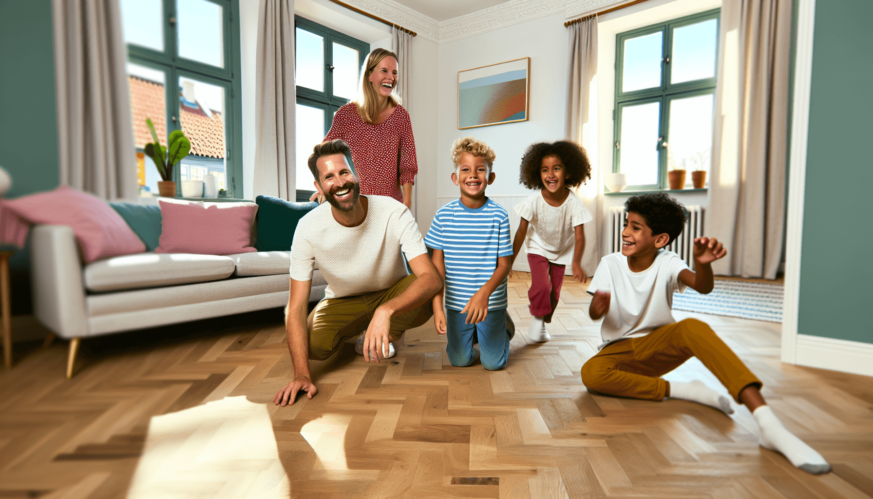 Fornøjet familie i nyligt renoveret hjem med nyt gulv