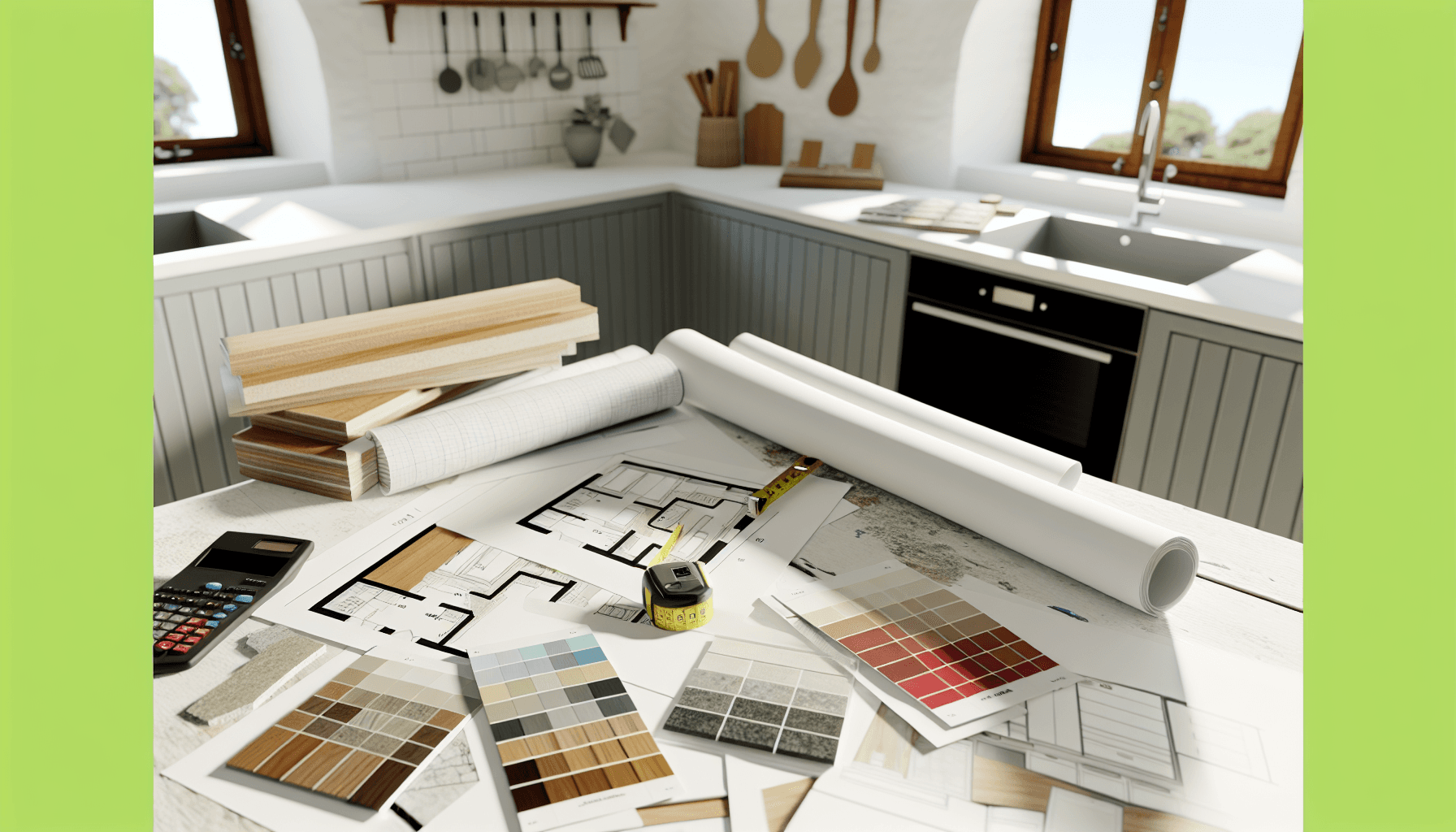 Køkkenplanlægning med tegninger og materialprøver
