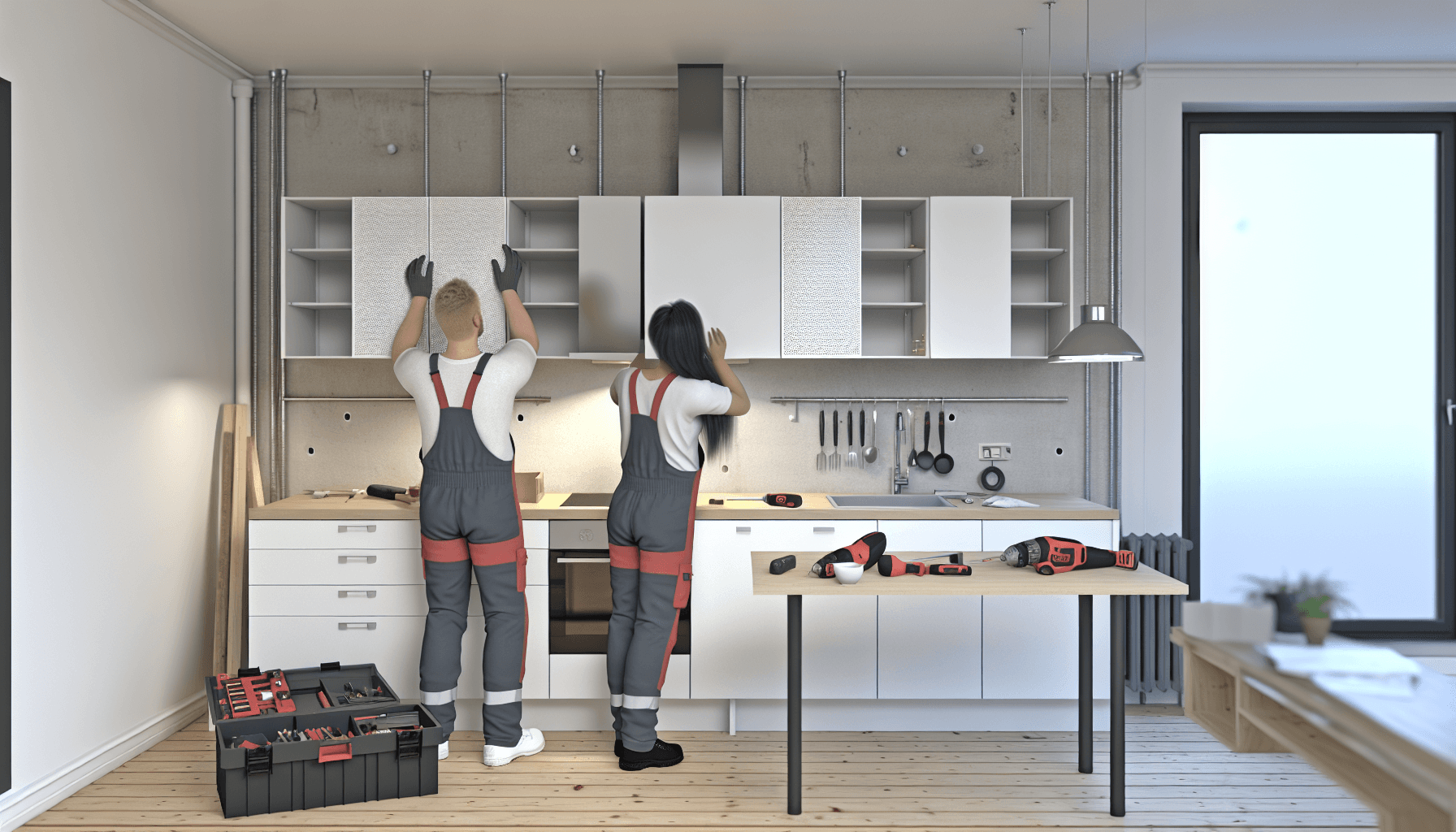 Håndværkere installerer køkken