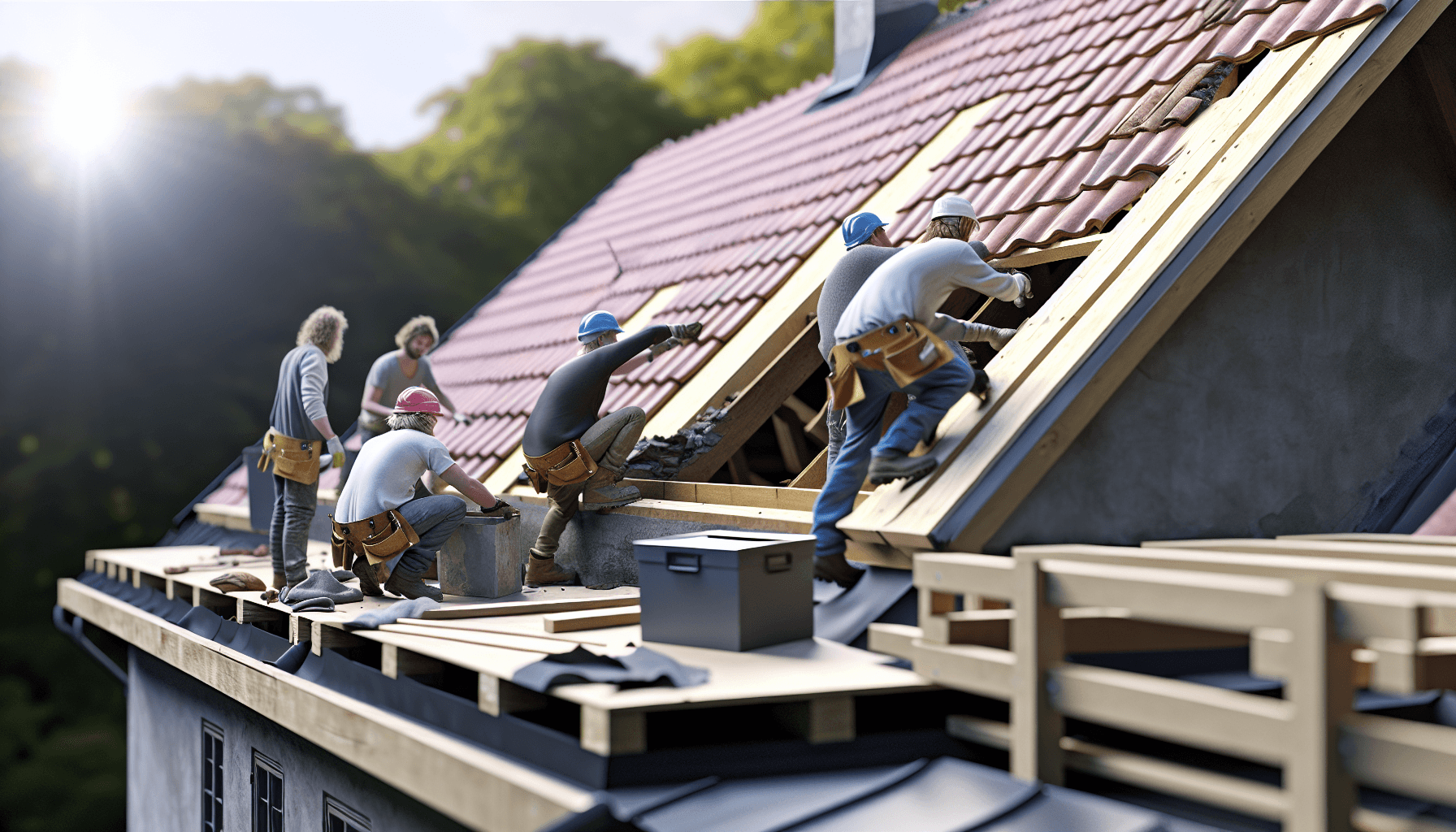 Håndværkere fjerner gamle tagsten fra dansk hus