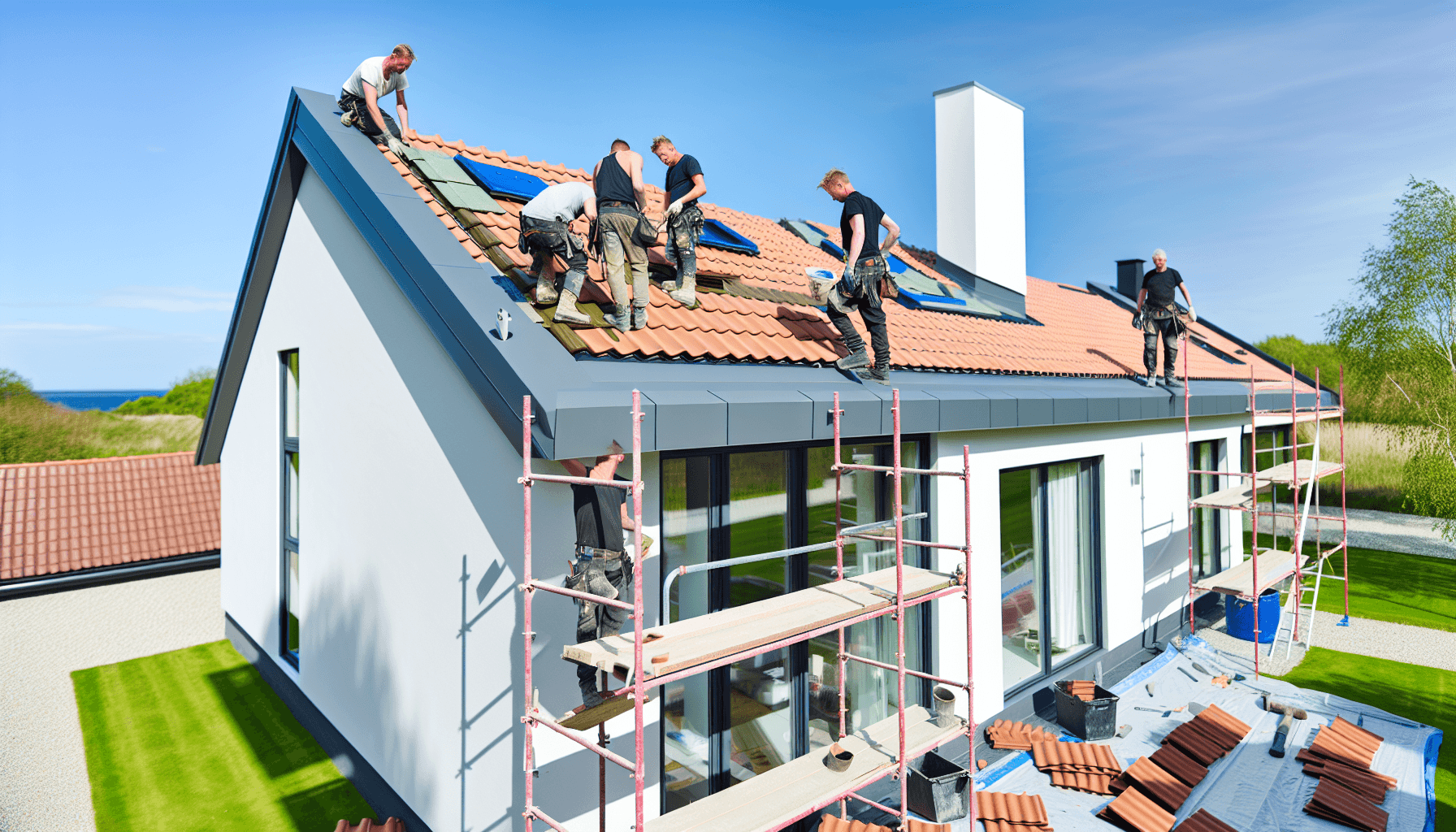 Håndværkerhold monterer nye tagsten på dansk villa