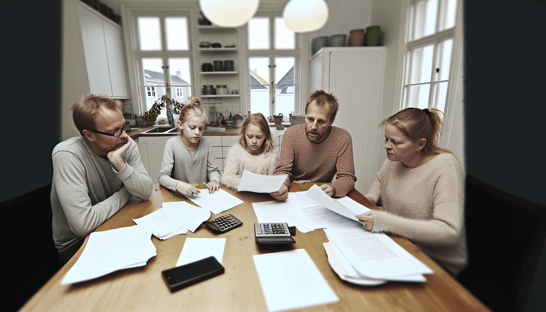 Familie gennemgår papirer ved køkkenbordet med lommeregner