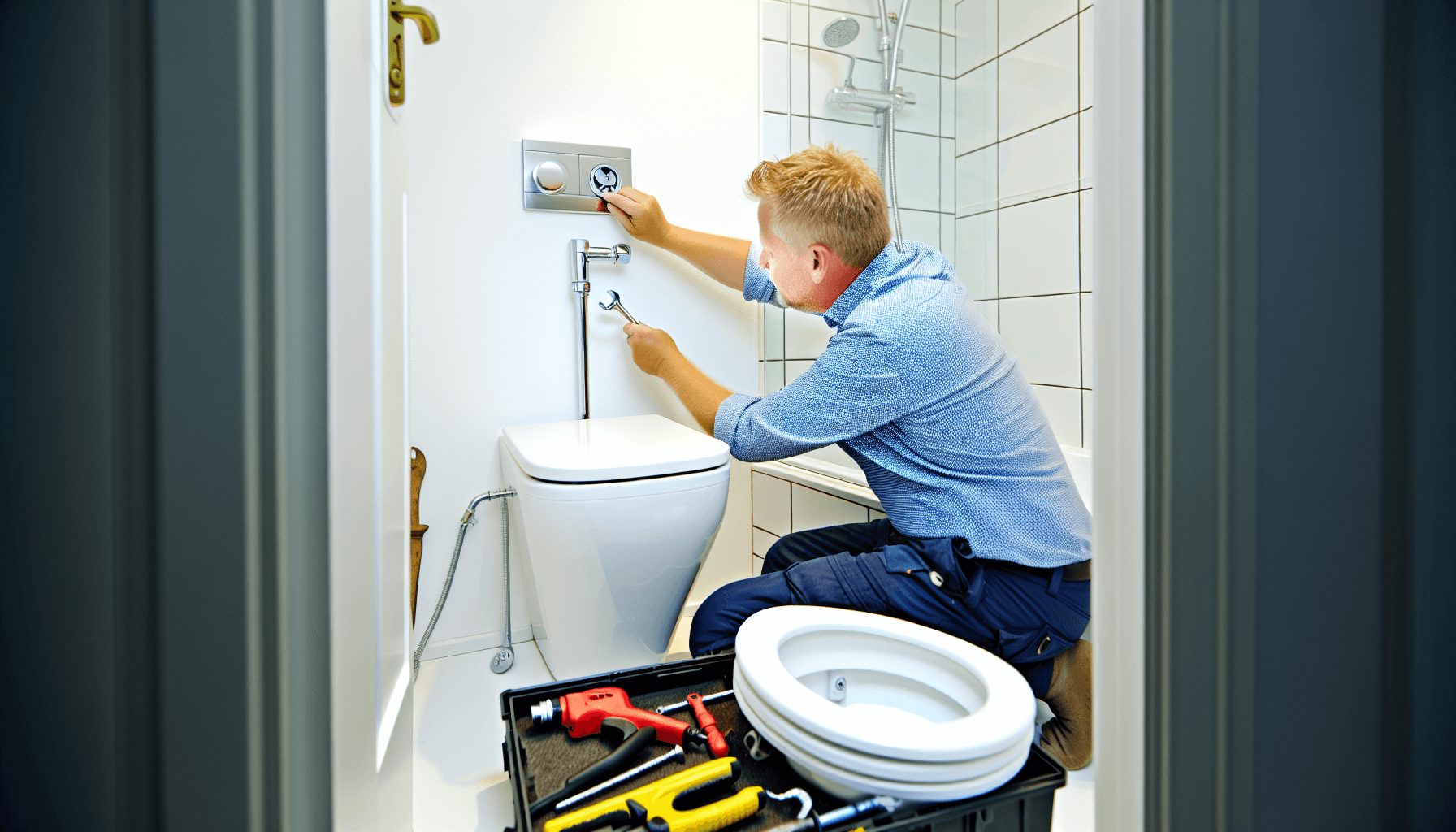 VVS-håndværker installerer toilet i dansk badeværelse