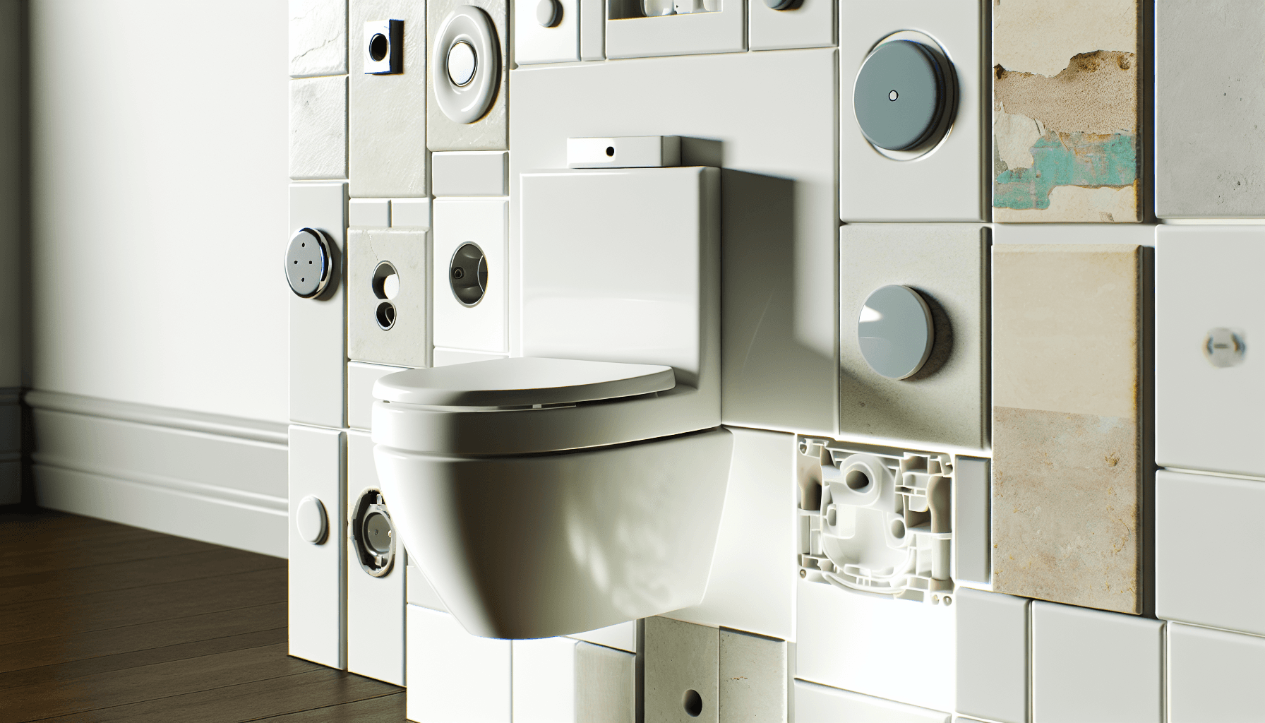 Forskellige toiletmaterialer og komponenter vist i detaljer