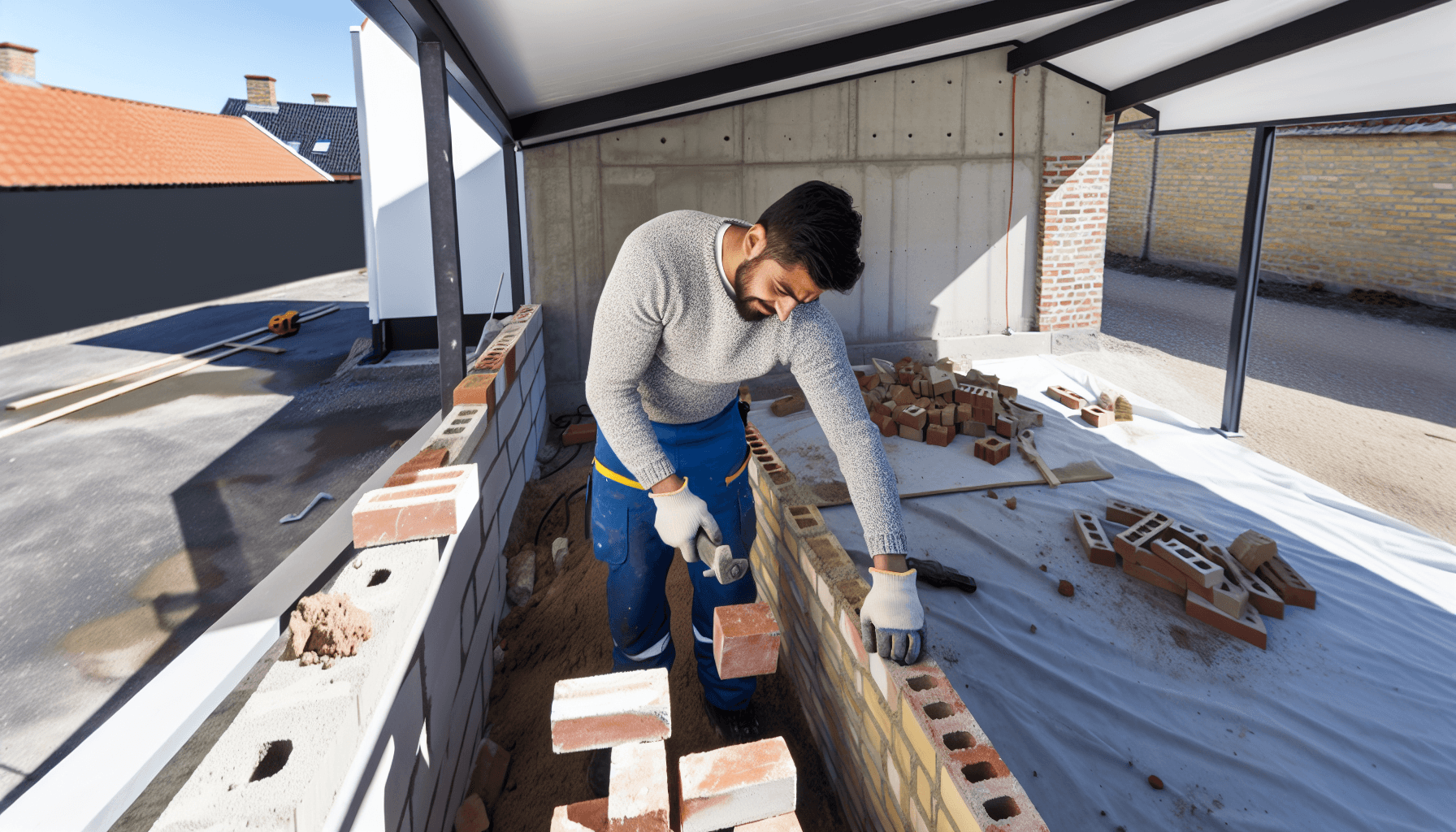 Håndværker der opfører væg i carport