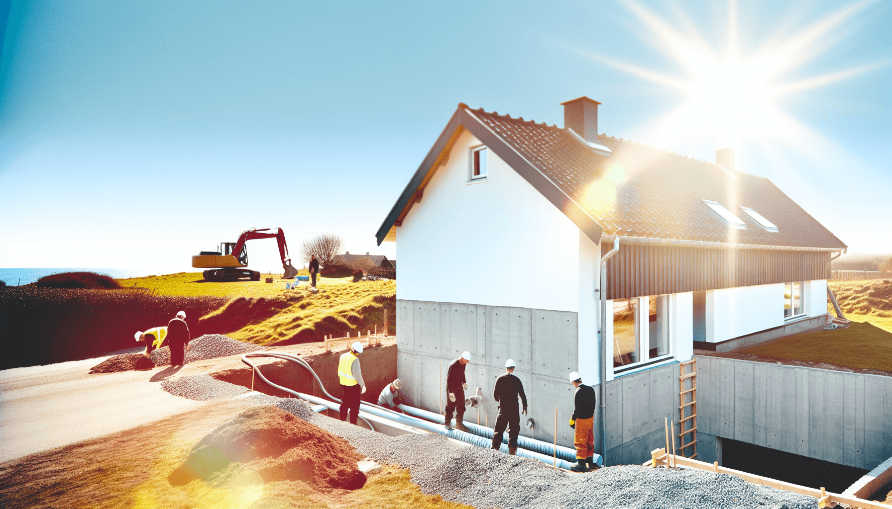 Håndværkere installerer omfangsdræn i godt vejr