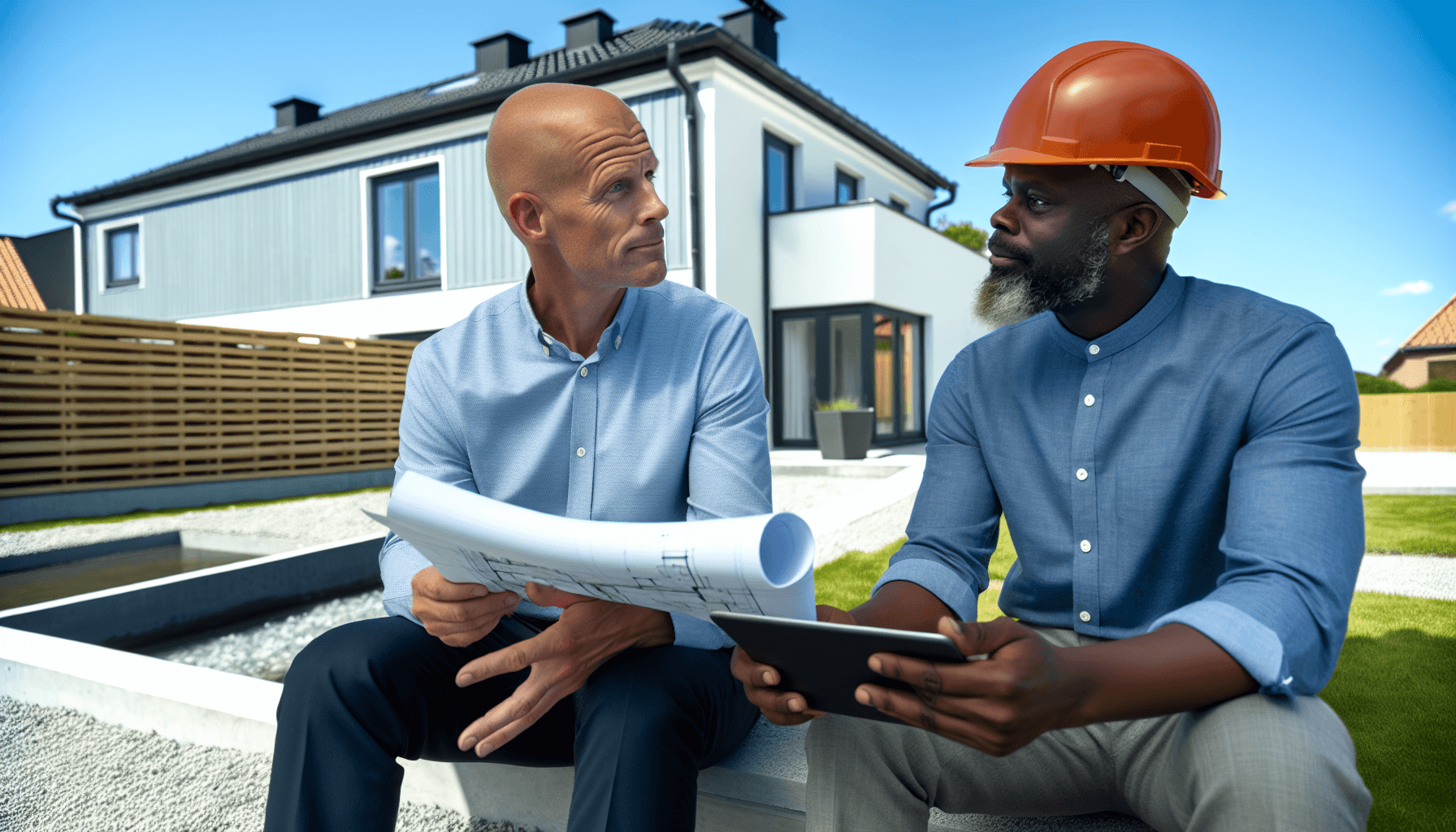 Håndværker viser tegninger til boligejer